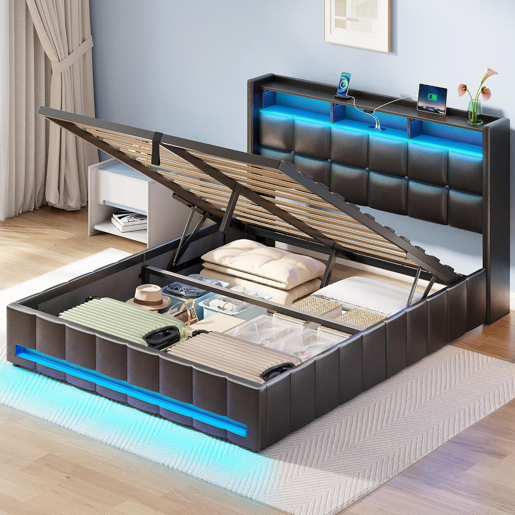 Rolanstar Full Lift Up Bed Frame with Storage, PU Leather Upholstered Headboard with Shelves, RGB LED Lights & Charging Station (USB-C), Wood Slats, Noise-Free, No Box Spring, Black