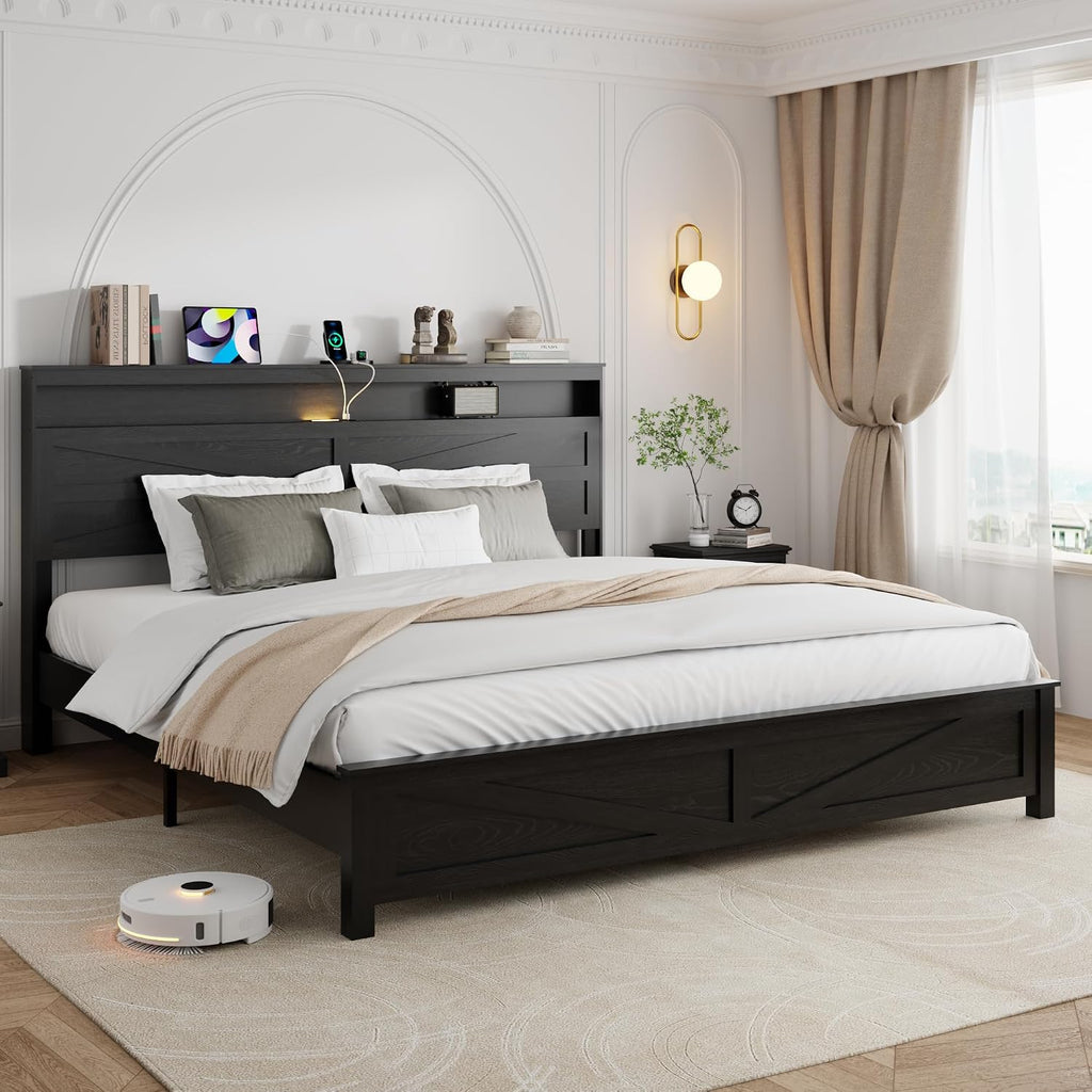 King Size Bed Frame with Headboard, Rustic Farmhouse Wood Bed Frame with LED Lights and Charging Station, Easy Assembly, No Box Spring Needed (Black, King)