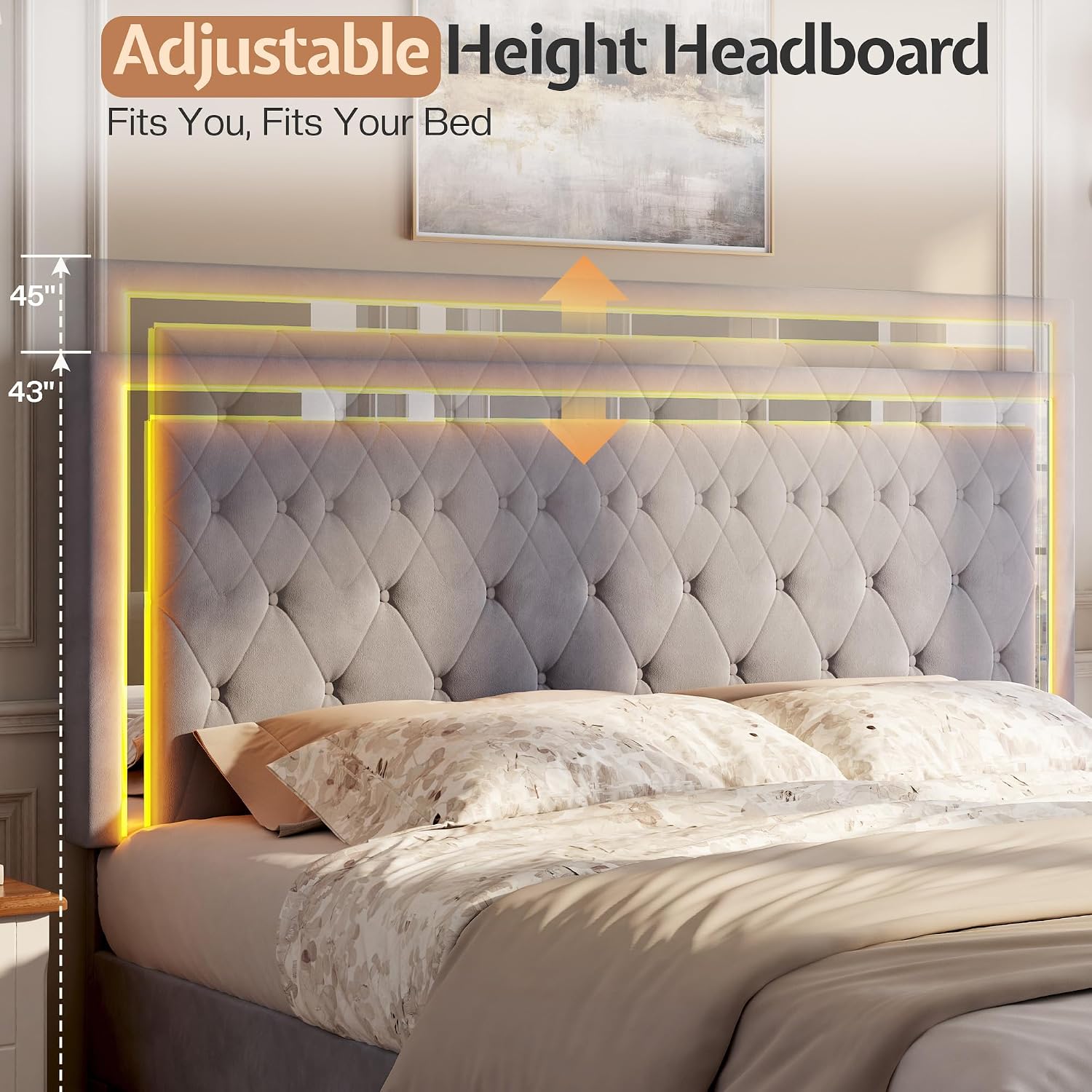 Jocisland Full Bed Frame with LED Lights Headboard&Footboard, Velvet Upholstered Full Size Platform Bed Frame No Box Spring Needed/Light Grey