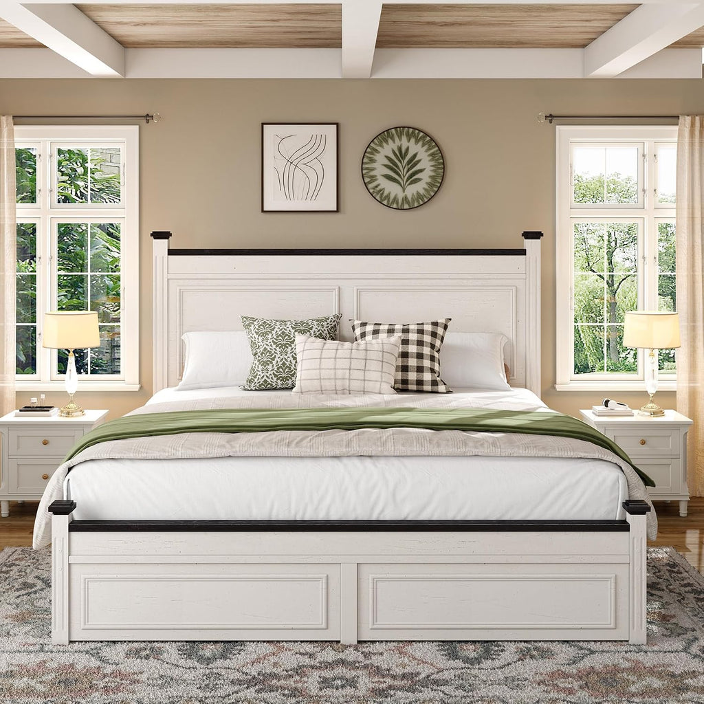 Homkdom Queen Bed Frame with Tall Headboard, Bed Frame Queen Size with 2 StorageDrawers, Farmhouse, Wooden, No Noise, No Box Spring Needed, White