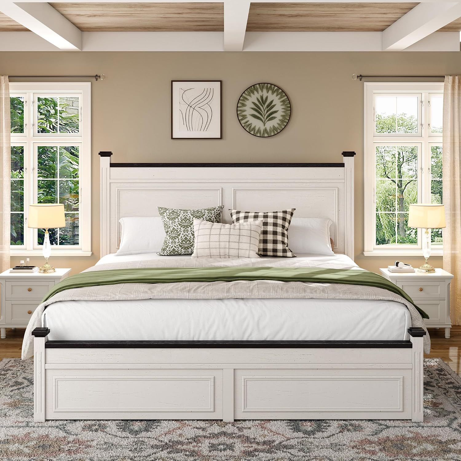 Homkdom Queen Bed Frame with Tall Headboard, Bed Frame Queen Size with 2 StorageDrawers, Farmhouse, Wooden, No Noise, No Box Spring Needed, White