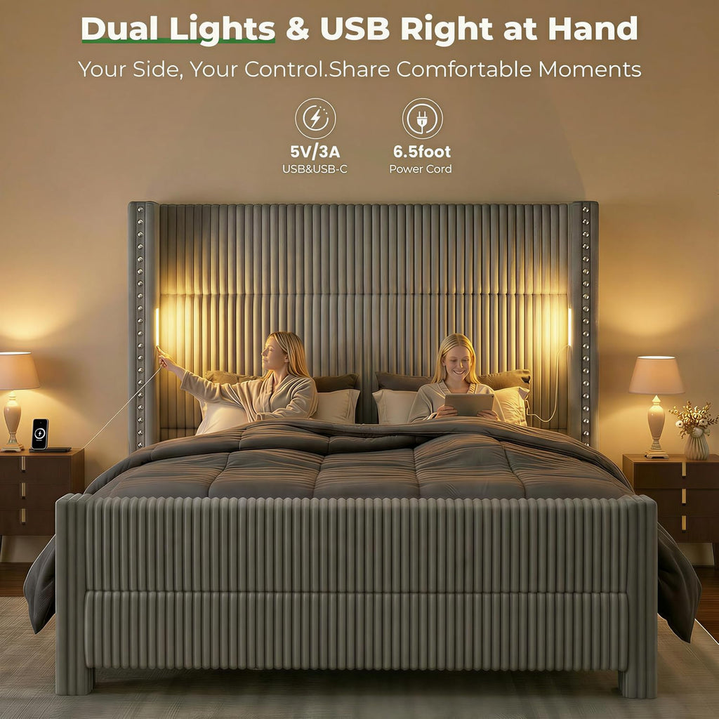 King Bed Frame with 56.7' Tall Wingback Headboard & Reading Lights, Corduroy Upholstered Platform Bed and Charging Station, Modern Luxury Design, Noise Free, No Box Spring Needed, Grey