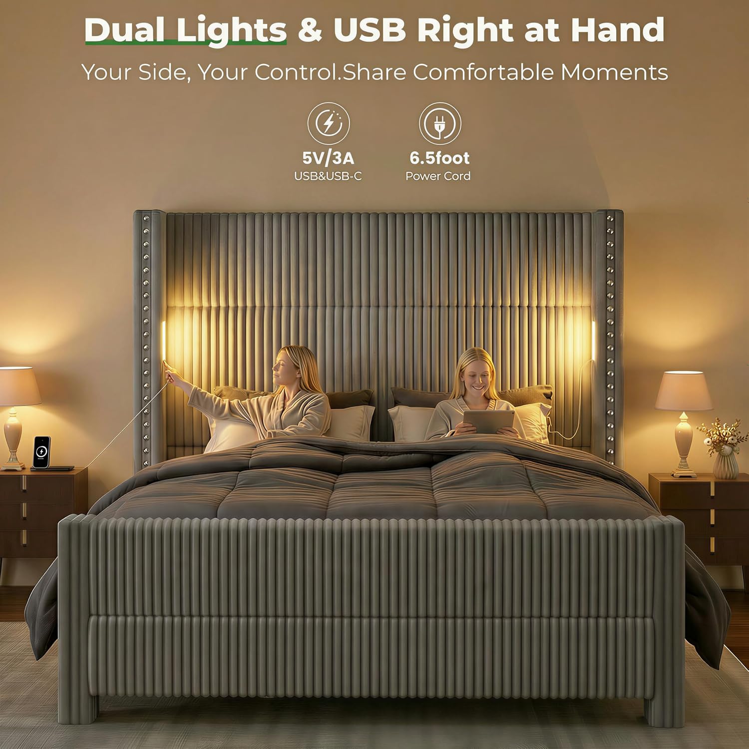King Bed Frame with 56.7' Tall Wingback Headboard & Reading Lights, Corduroy Upholstered Platform Bed and Charging Station, Modern Luxury Design, Noise Free, No Box Spring Needed, Grey
