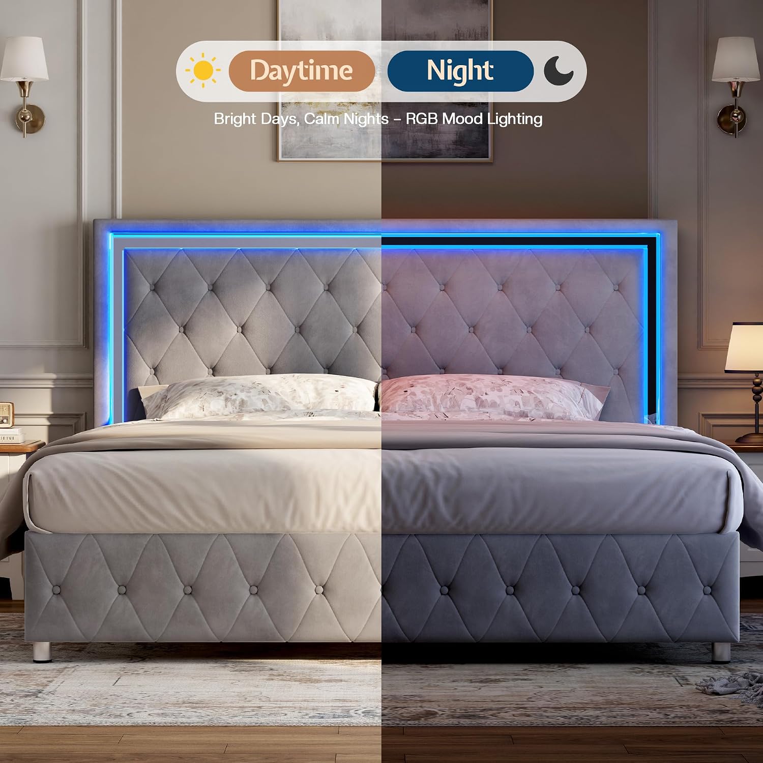 Jocisland Full Bed Frame with LED Lights Headboard&Footboard, Velvet Upholstered Full Size Platform Bed Frame No Box Spring Needed/Light Grey