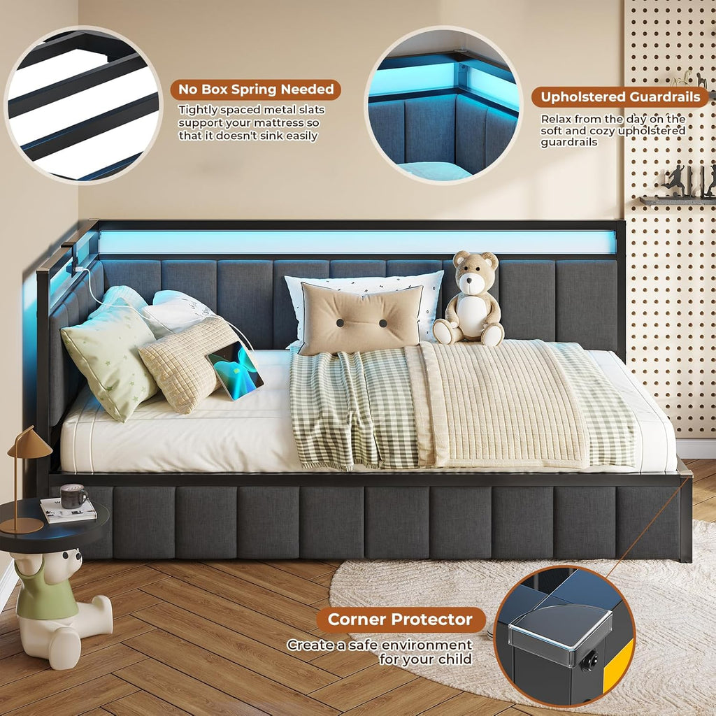 DICTAC Corner Bed Frame with 2 Storage Drawers and Charging Station Twin XL Metal Platform Bed Frame with Led Lights and Upholstered Guardrail Twin XL Daybed for Kids/Teen,No Box Spring Needed,Gray