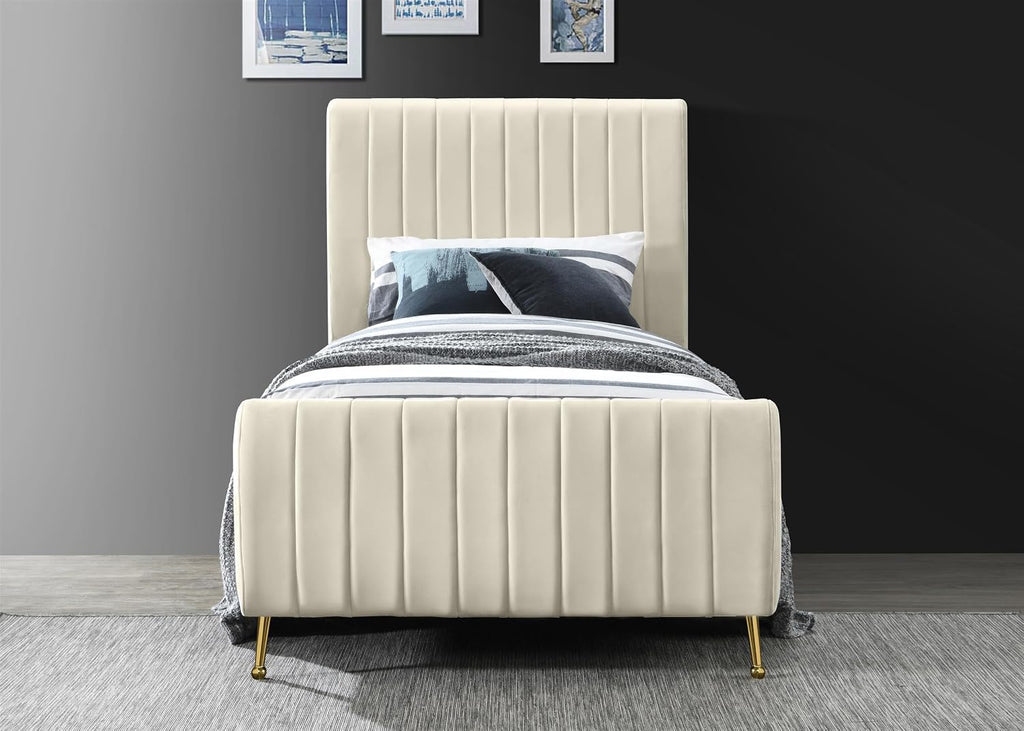Meridian Furniture Zara Collection Modern | Contemporary Velvet Upholstered Bed with Deep Channel Tufting and Custom Gold Legs, Twin, Cream
