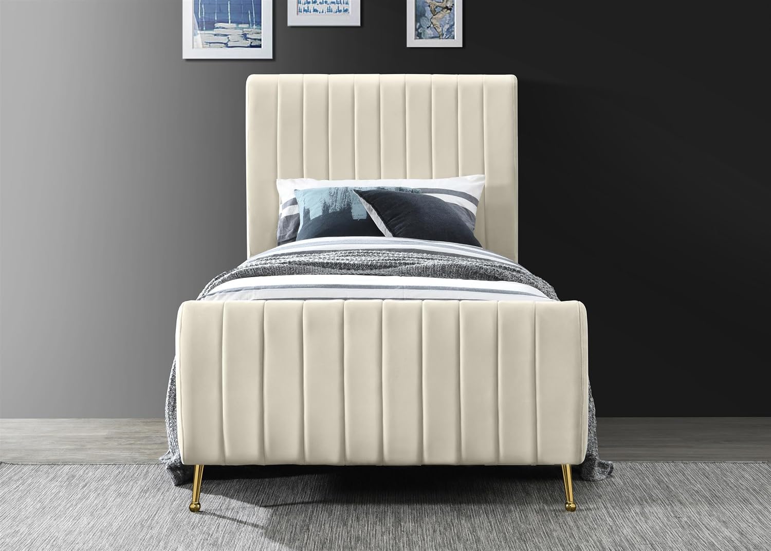 Meridian Furniture Zara Collection Modern | Contemporary Velvet Upholstered Bed with Deep Channel Tufting and Custom Gold Legs, Twin, Cream