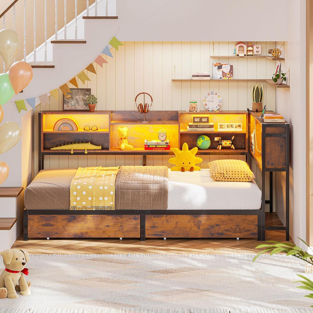 Hasuit Corner Bed Frame Twin with 2 Drawers and Storage Bookcase, Daybed with Charging Station and LED Lights, Metal Platform Bed with Bookshleves,Twin Size Bed Frame for Kids Teens Guests, Rustic