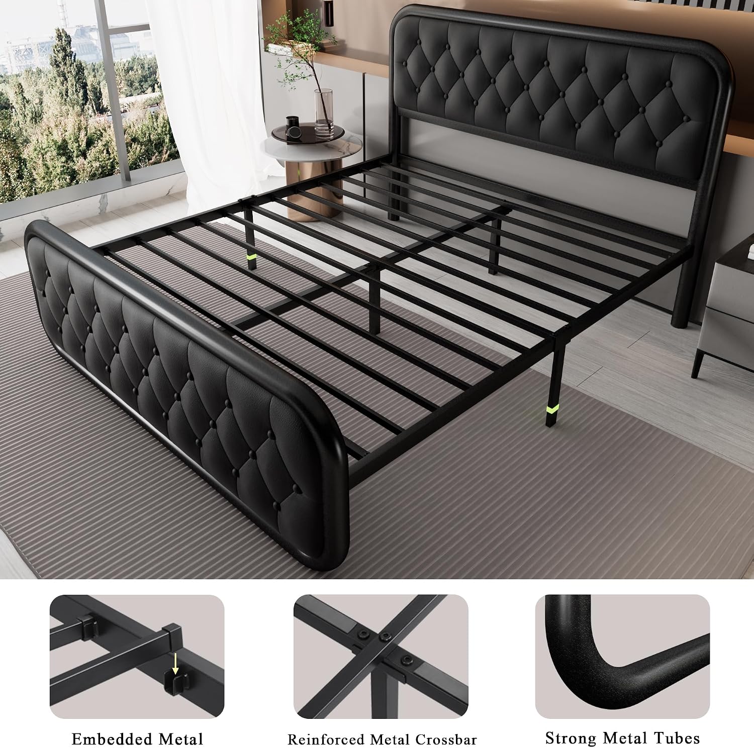 Feonase Full Size Bed Frame, Heavy Duty Bed Frame with Faux Leather Headboard, Upholstered Platform Bed with Strong Metal Slats, 12' Under-Bed Storage, Noise-Free, Easy Assembly, Black