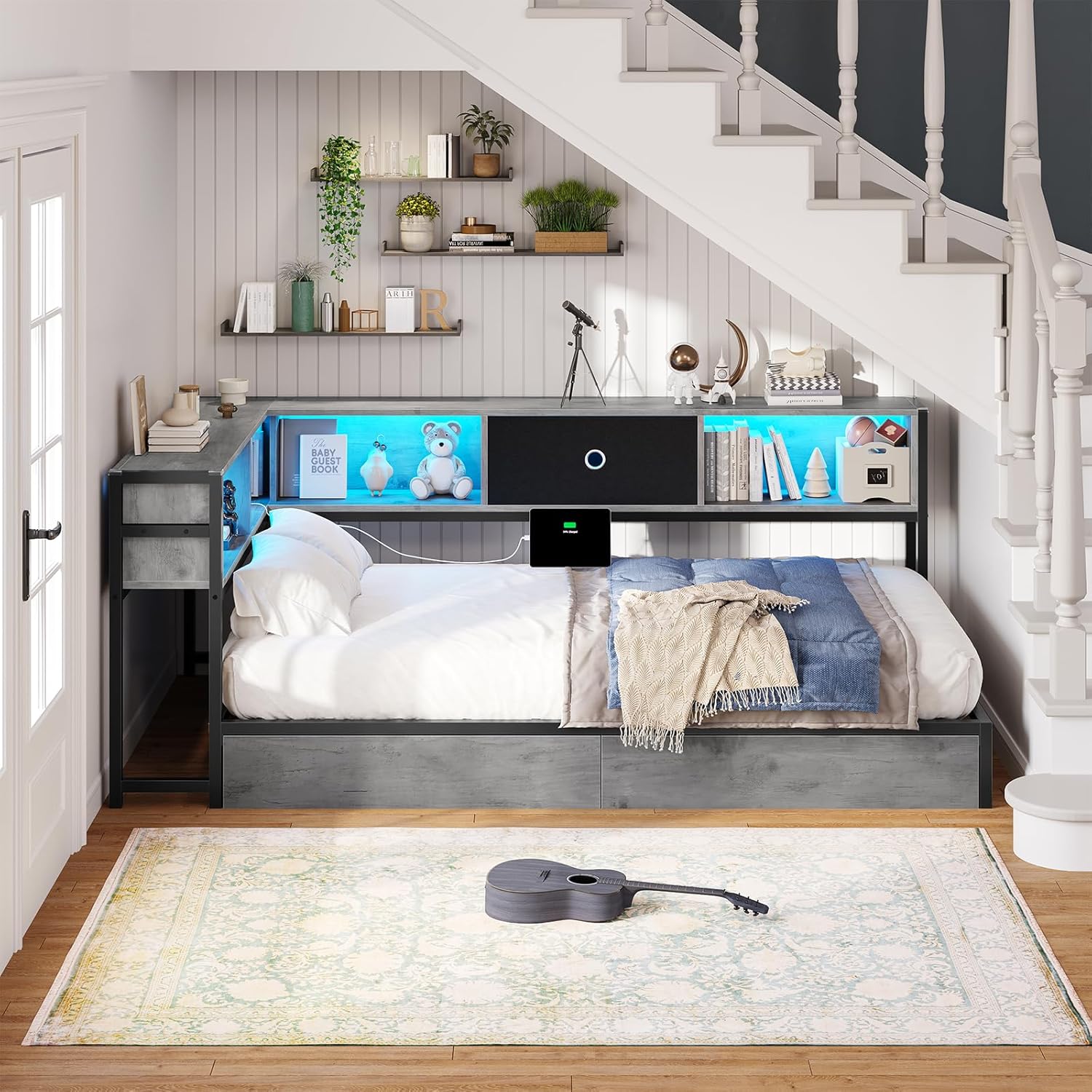 Hasuit Corner Bed Frame Twin XL with Storage Drawers and Bookcase Headboard, Twin xl Metal Platform Corner Bed Frame with Charging Station and LED Lights, Twin XL Daybed for Kids Teens Guests,Oak Gray