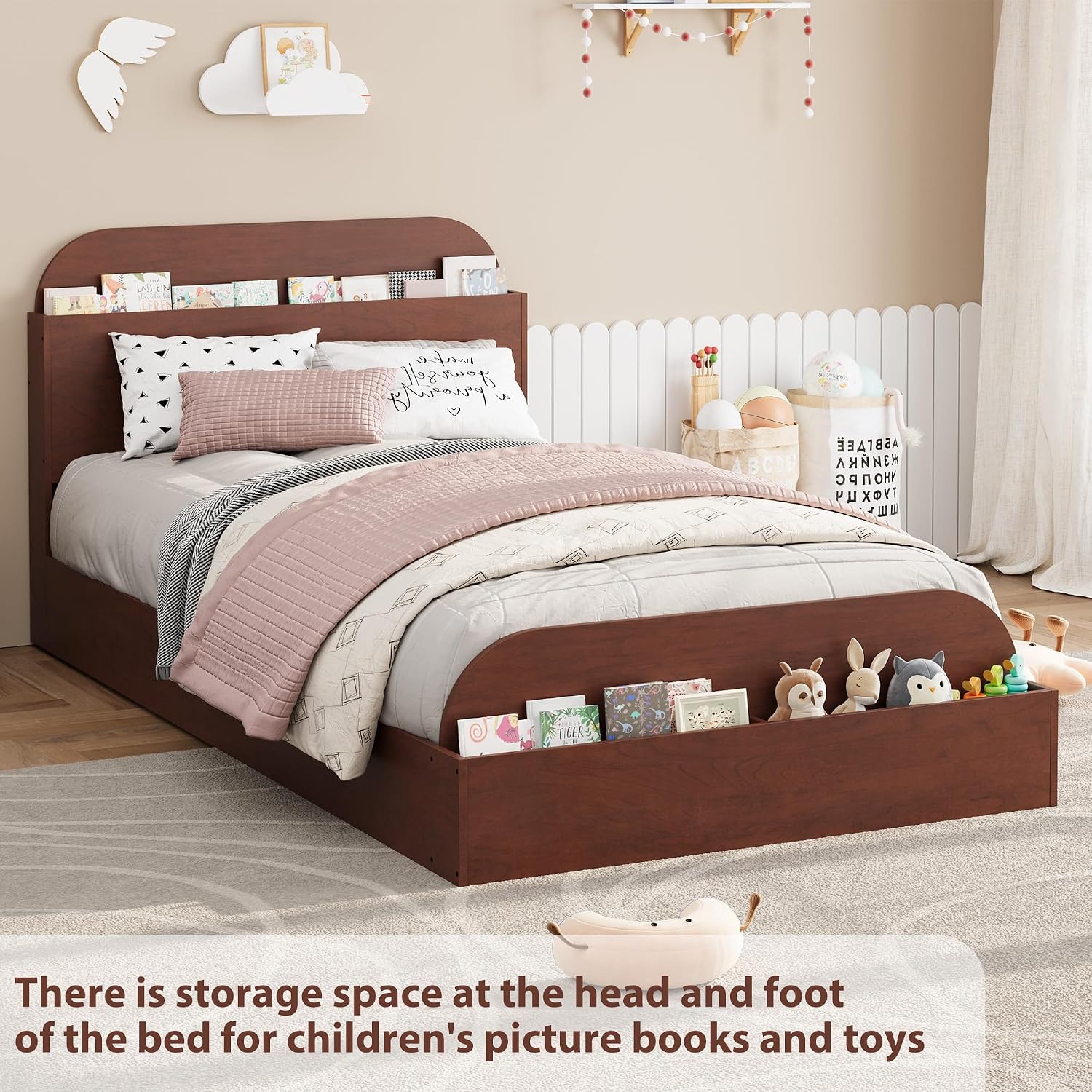 GarveeHome Twin Size Bed Frame, Wooden Beds with Storage Headboard and Raised-Foodboard for Kid, Twin-Floor Low Platform Bed for Bedroom, Sturdy Wooden Slats Support, No Box Spring Needed, Espresso