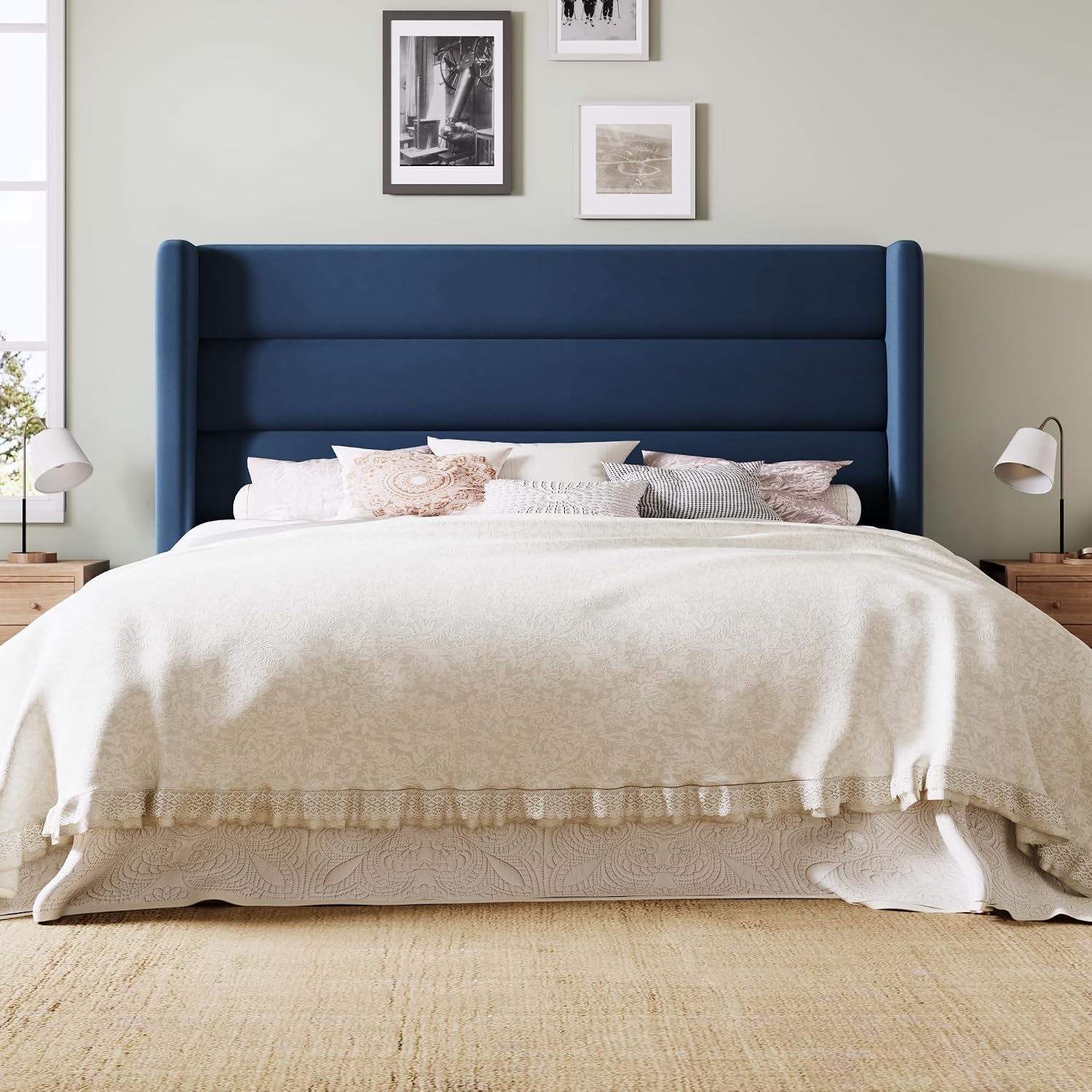 Allewie Full Size Platform Bed Frame with Velvet Upholstered Wingback Headboard, No Box Spring Needed, Under Bed Storage Space, Wooden Slats, Modern Mattress Foundation, Easy Assembly, Blue