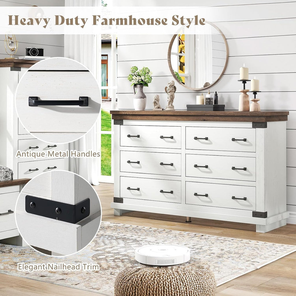 AMERLIFE Farmhouse 2-Pieces Wood Bedroom Set, Including Rustic King Size Bed Frame with 51' Tall Headboard, 6 Drawers Large Dresser Chests, Heavy-Duty Thick Plank Styling, Antique White