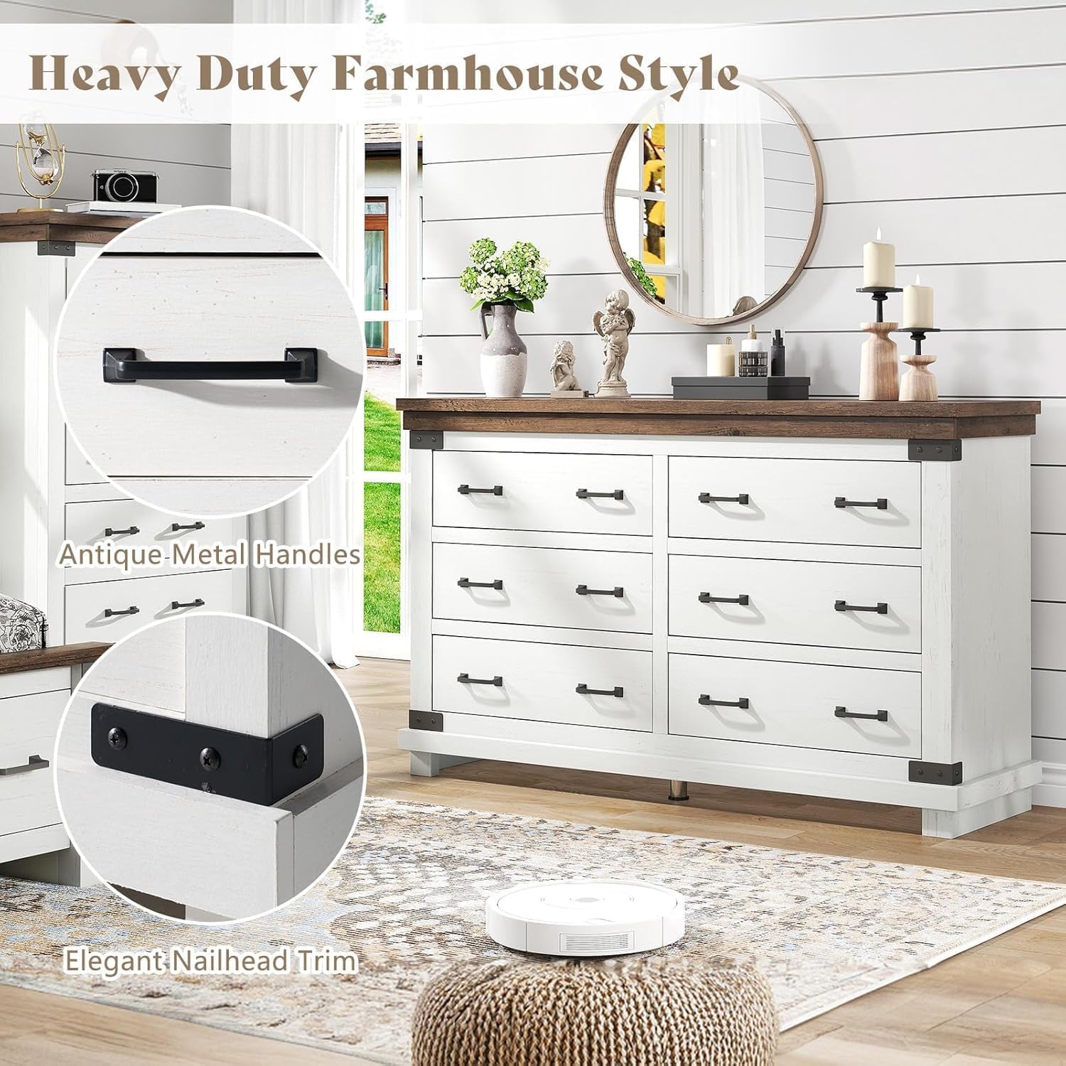 AMERLIFE Farmhouse 2-Pieces Wood Bedroom Set, Including Rustic King Size Bed Frame with 51' Tall Headboard, 6 Drawers Large Dresser Chests, Heavy-Duty Thick Plank Styling, Antique White