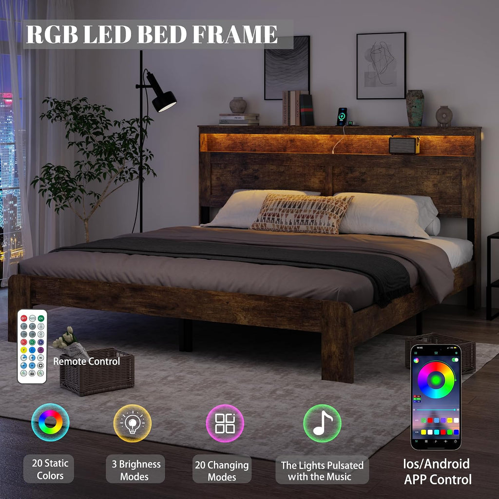 Wooden King Size Bed Frame with Headboard - Rustic Farmhouse Platform Bedframe with Metal Slat Support, Sturdy and No Noise, Easy Assembly (Rustic Brown, King)