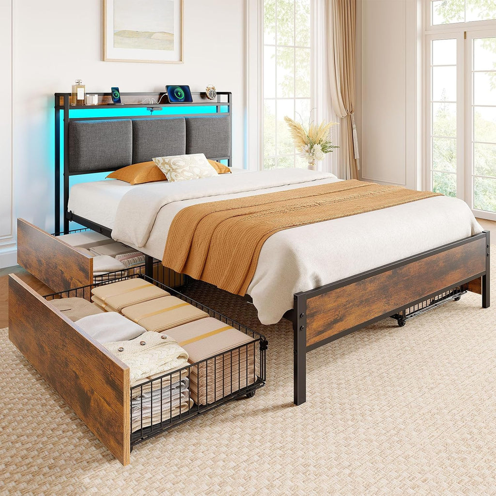 Rolanstar Bed Frame Twin Size with Charging Station and LED Lights, Upholstered Storage Headboard with Drawers, Heavy Duty Metal Slats, No Box Spring Needed, Easy Assembly, Rustic Brown