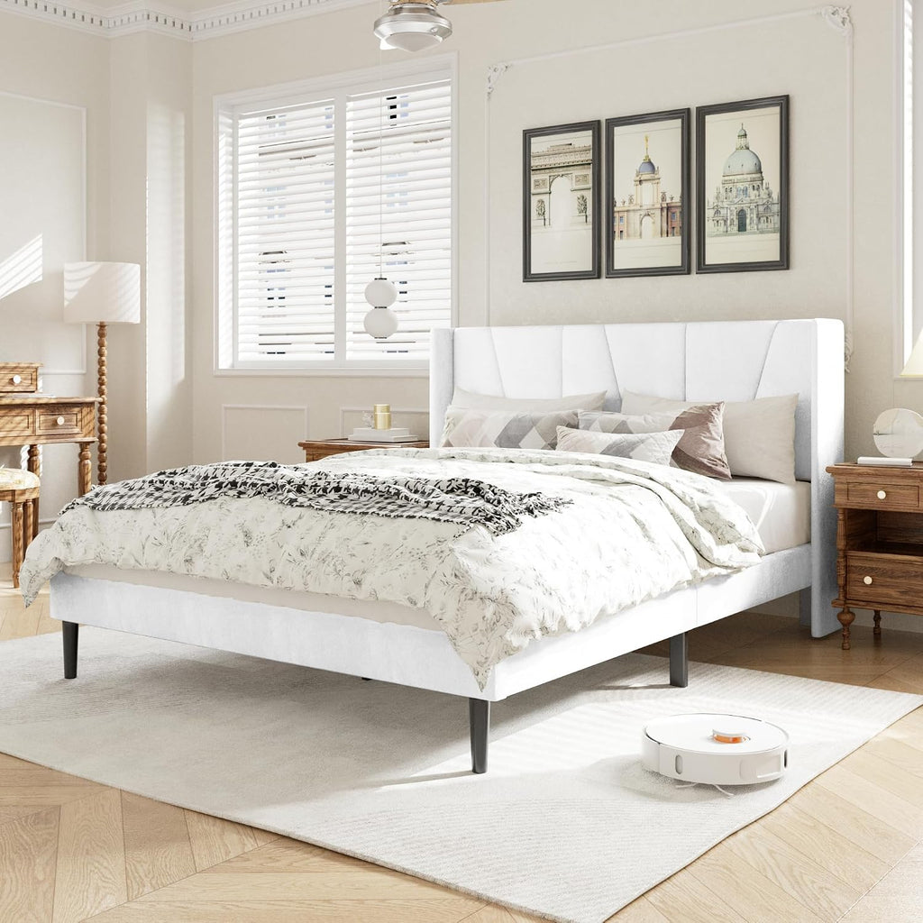 HAOARA Queen Bed Frame with Headboard, Velvet Upholstered Platform Bed Frames with Wingboard, Contemporary Mattress Foundation, Noise Free, No Box Spring Needed, Easy Assembly, White