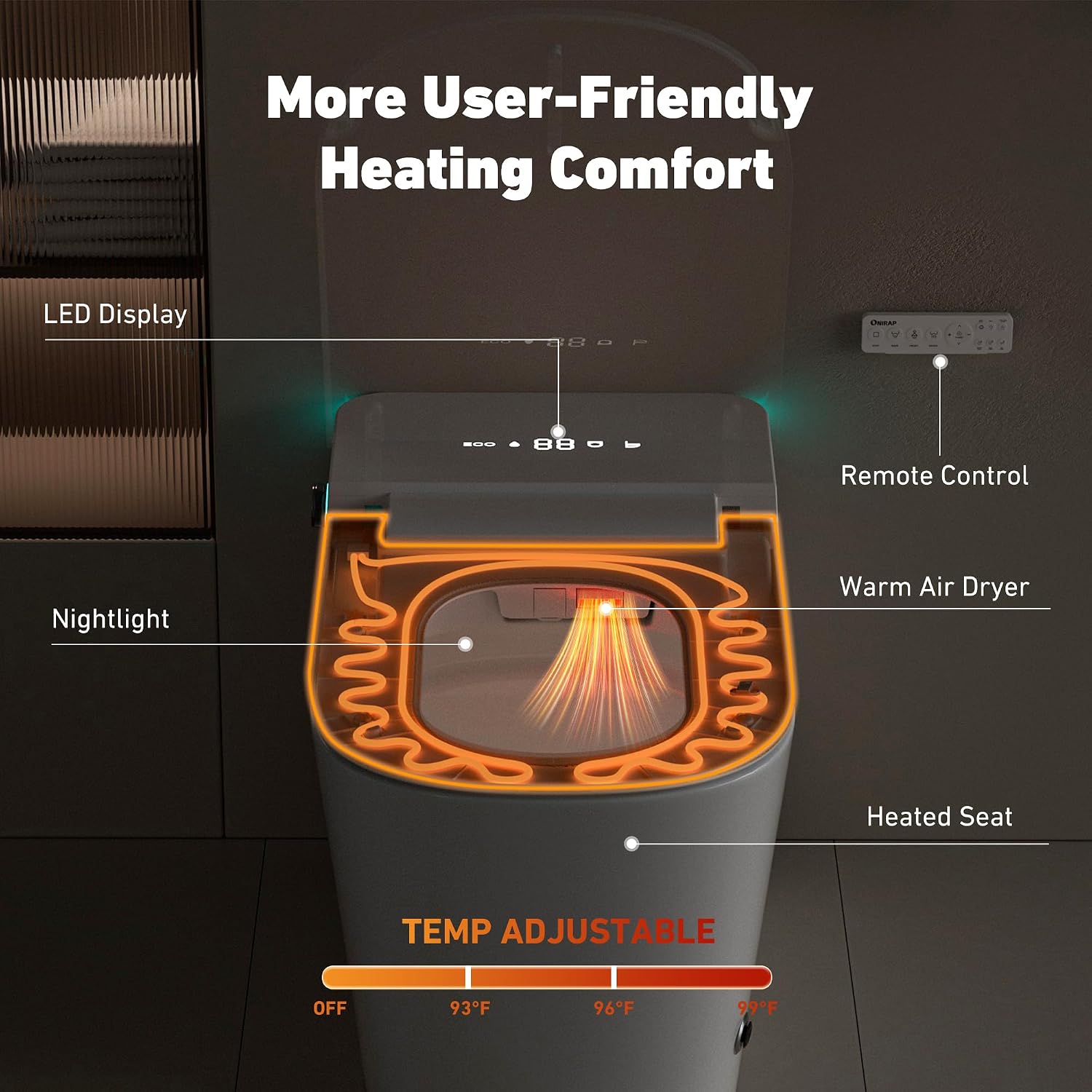 Smart Toilet with Bidet Built in by Onirap, ADA Comfort Height Toilet, Elongated Heated & Wider Seat Tank Built in with Powerful Flush, Auto Open/Close Lid, Warm Water Sprayer & Dryer, Night Light