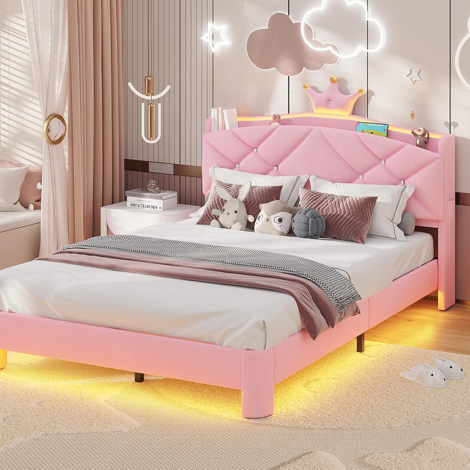 MSmask Full Bed Frame with LED Lights, Princess Upholstered Bed with Headboard with Charging Station & Crystal Button & Crown, Velvet Platform Bed for Girls, Solid Wood Slats, Curved Legs, Pink