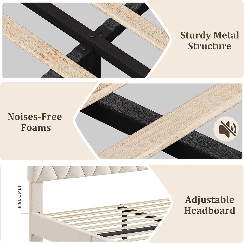 GarveeHome Queen Size Platform Bed Frame with Upholstered Headboard and Wooden Slats Support, Upholstered Mattress Foundation/No Box Spring Needed/Easy Assembly, Beige