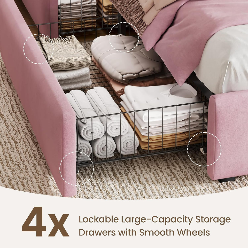CypBed Full Size Bed Frame with 4 Storage Drawers & LED Lights, Velvet Upholstered Platform Bed Frame with Charing Station and Adjustable Headboard, Wood Slats Support, No Box Spring Needed, Pink