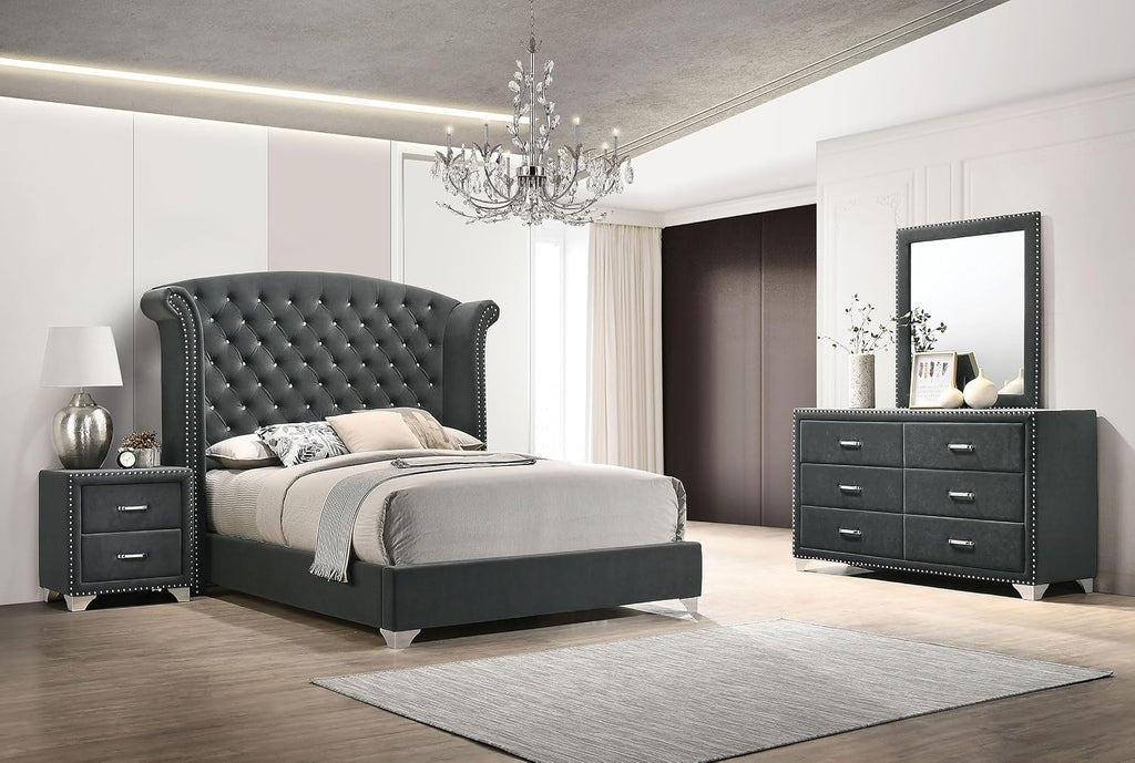 Coaster Home Furnishings Melody Modern Classic 4-Piece Bedroom Set Velvet Upholstered California King Size Wingback Bed Frame 66-inch Headboard Grey 223381KW-S4