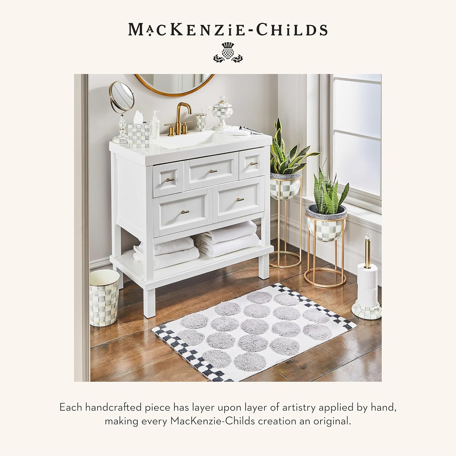 MACKENZIE-CHILDS Enamel Toilet Tissue Storage, Decorative Toilet-Paper Holder Stand for Bathroom, Gray-and-White Sterling Check