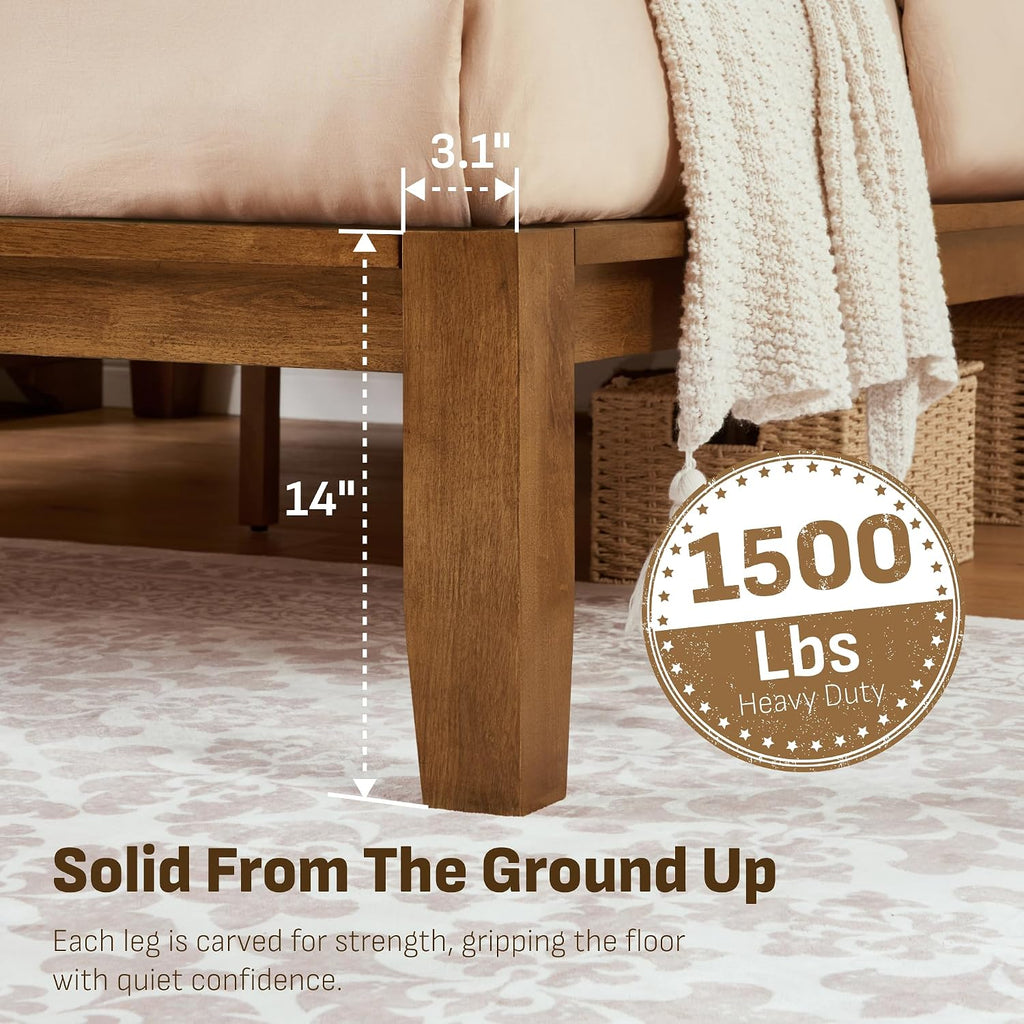 Softa Mikor Queen Japanese Joinery Bed Frame with Headboard, Solid Rubberwood Platform Bed, 1500 Lbs Heavy Duty, SGS Certified, 15Min No-Tool Setup, Storage Shelf, USB-A/C Port, No Box Spring Needed