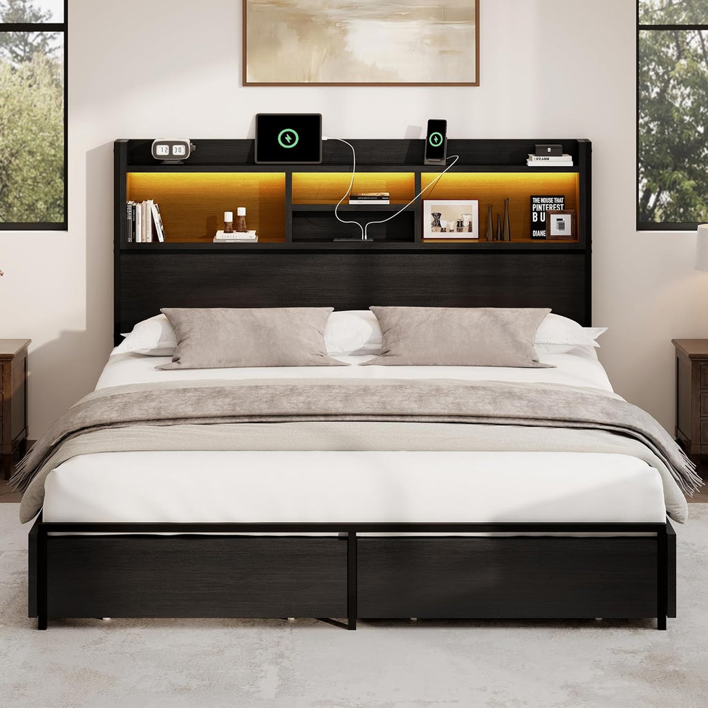 BRELTAM Queen Storage Bed Frame with 6 Drawers, USB Charging Station, No Noise, No Box Spring Required, Vintage Black Headboard Platform Bed