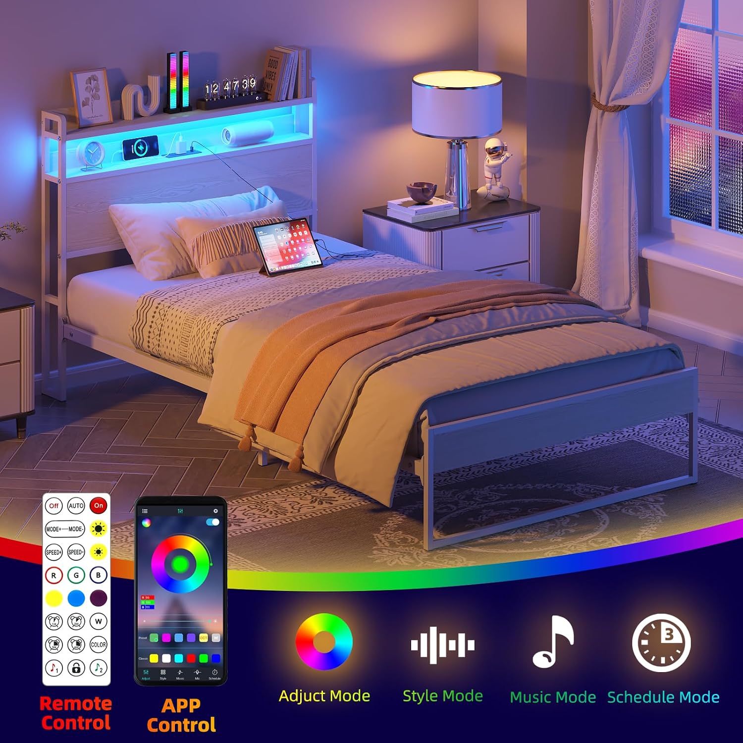 Elephance Twin Bed Frames with Charging Station and LED Lights, Metal Bed Frame with 2-Tier Storage Headboard, No Box Spring Needed, Noise Free, Easy Assembly,Beige