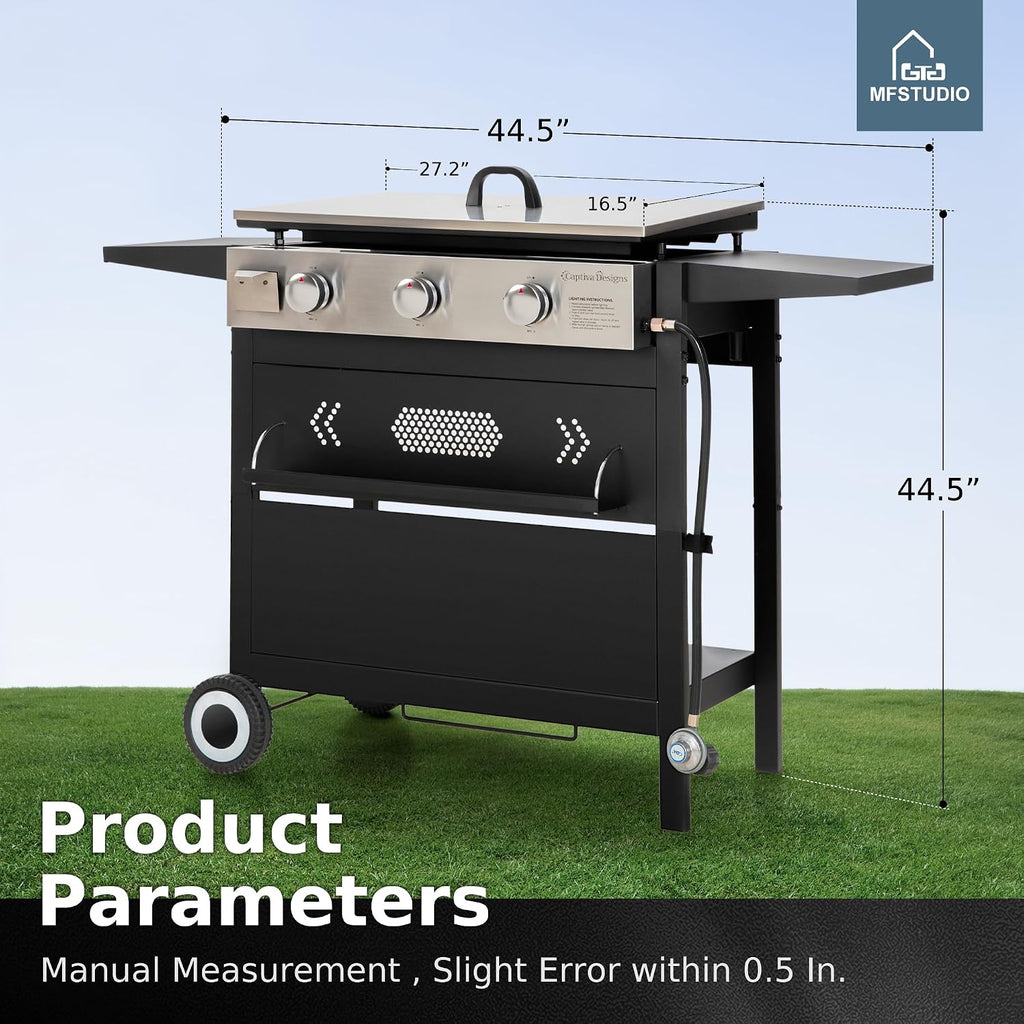 MFSTUDIO 27 Inch Flat Top Propane Gas Griddle Grill, Ceramic Coated Cast Iron Pan, Outdoor Flattop Grill with Lid for Cooking
