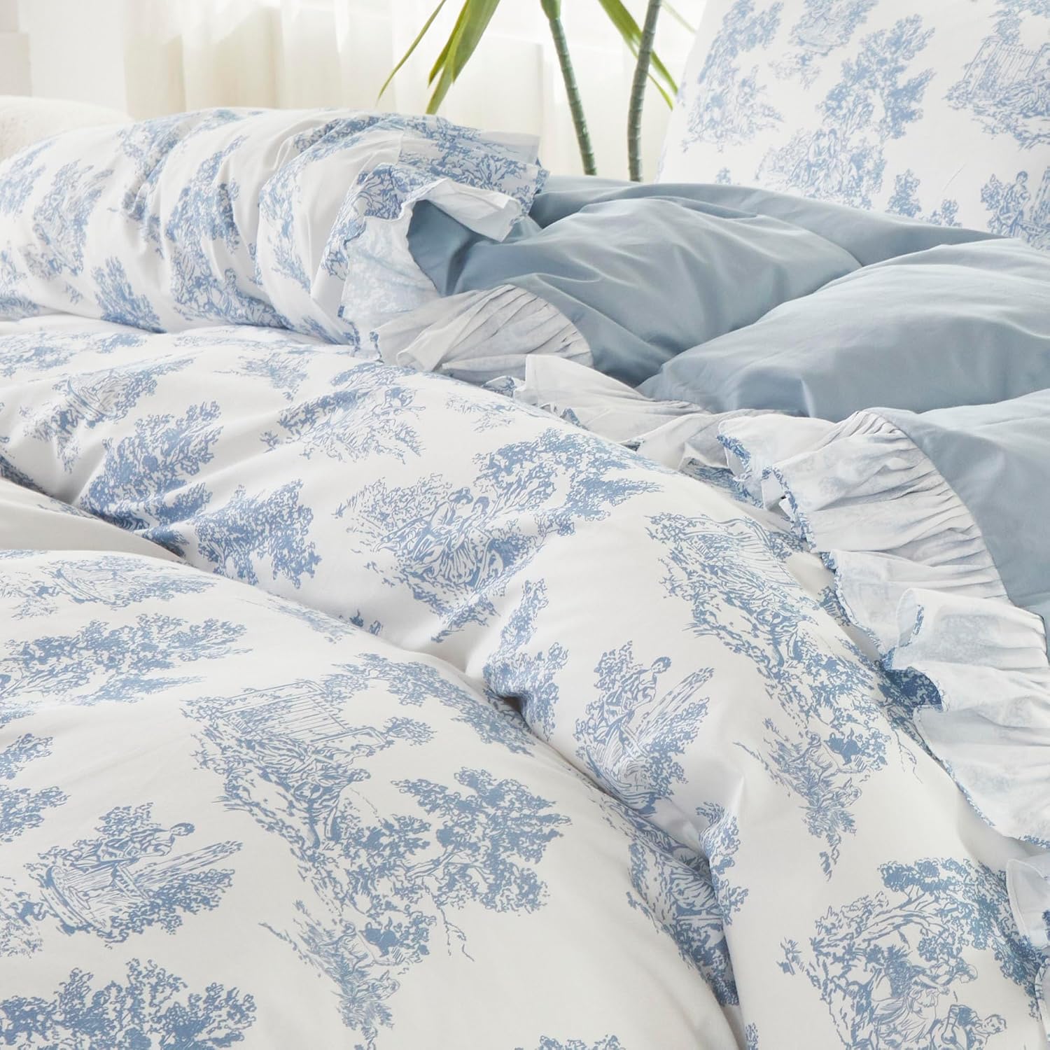 Brandream French Toile Duvet Quilt Cover Full Size 100% Cotton Bedding Set Pastoral Toile Cottagecore Grandmillennial Tapestry Pattern Garden Floral Blossom Tree Delicate Ruffle Fringe Design, Blue