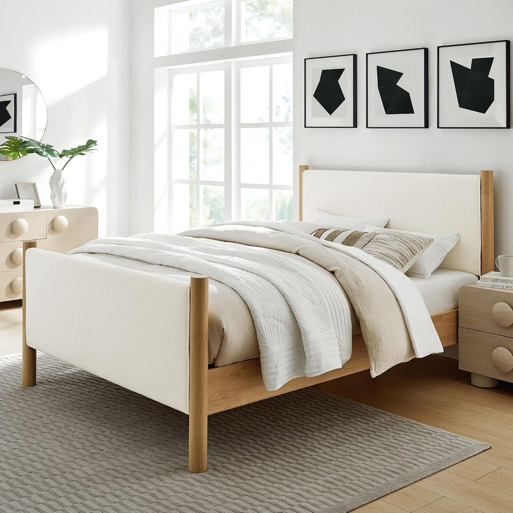 Modway Maven King Size Bed Frame in Feather Oak with Upholstered Boucle Headboard and Footboard – Wood King Platform Bed Frame – No Box Spring Needed