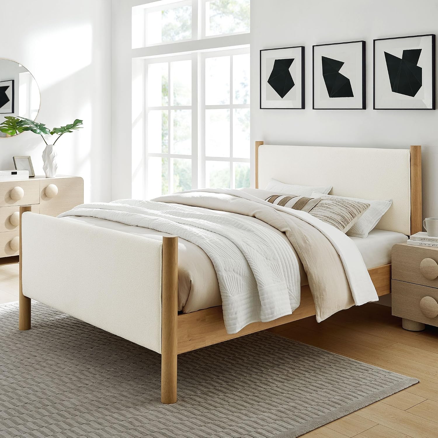 Modway Maven King Size Bed Frame in Feather Oak with Upholstered Boucle Headboard and Footboard – Wood King Platform Bed Frame – No Box Spring Needed