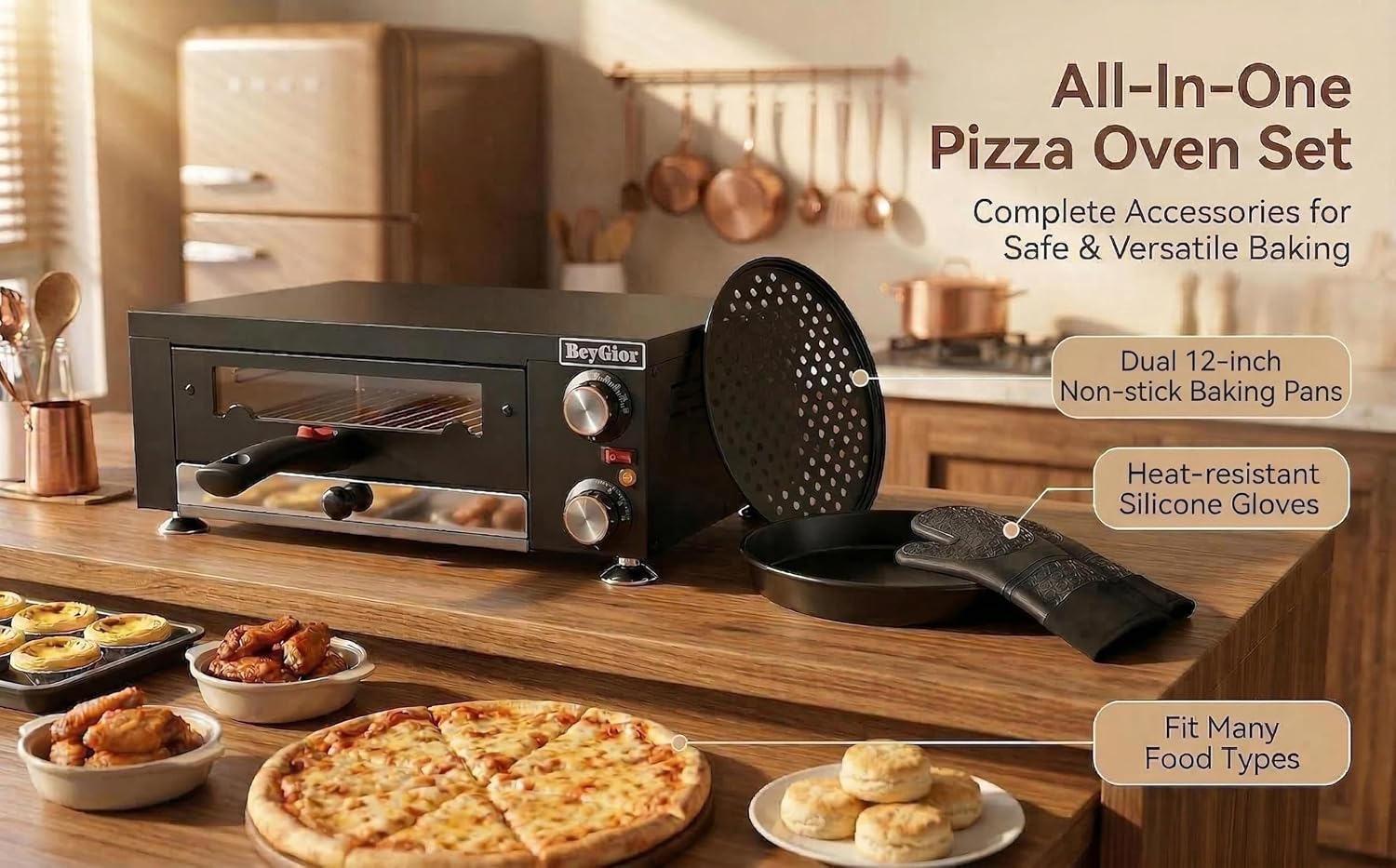 Electric Pizza Oven Indoor,12 inch Countertop Pizza Maker with Viewing Window,Stainless Steel Commercial Pizza Oven, Removable Handle,Dual Baking Trays and Oven Mitts