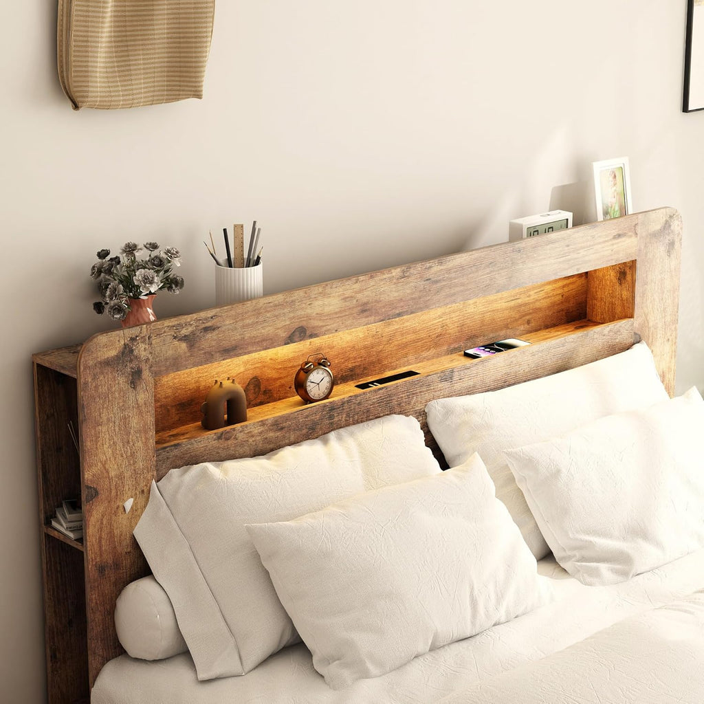 Bellemave Rustic Vintage Full Size Bed Frame with Bookshelves,Storage Headboard and Charging Station,Wooden Platform Bed Frame Full Size with LED Lights and Wood Slats,Easy Assembly,Dark Brown