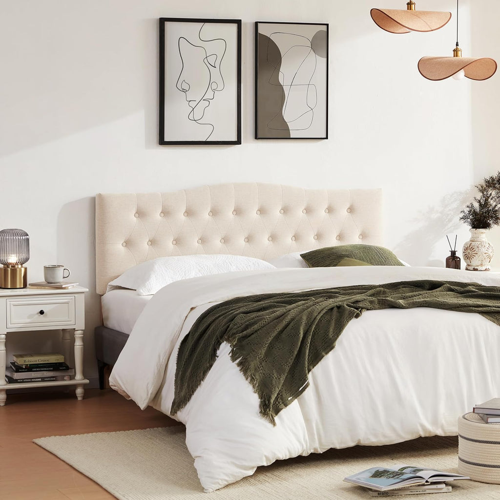 Huatean Home Tufted Upholstered Headboard California King, Sturdy and Durable Solid Wood Bed headboard, Fabric Headboard Adjustable Height from 37' to 51', Button Diamond Design Head Board, Beige