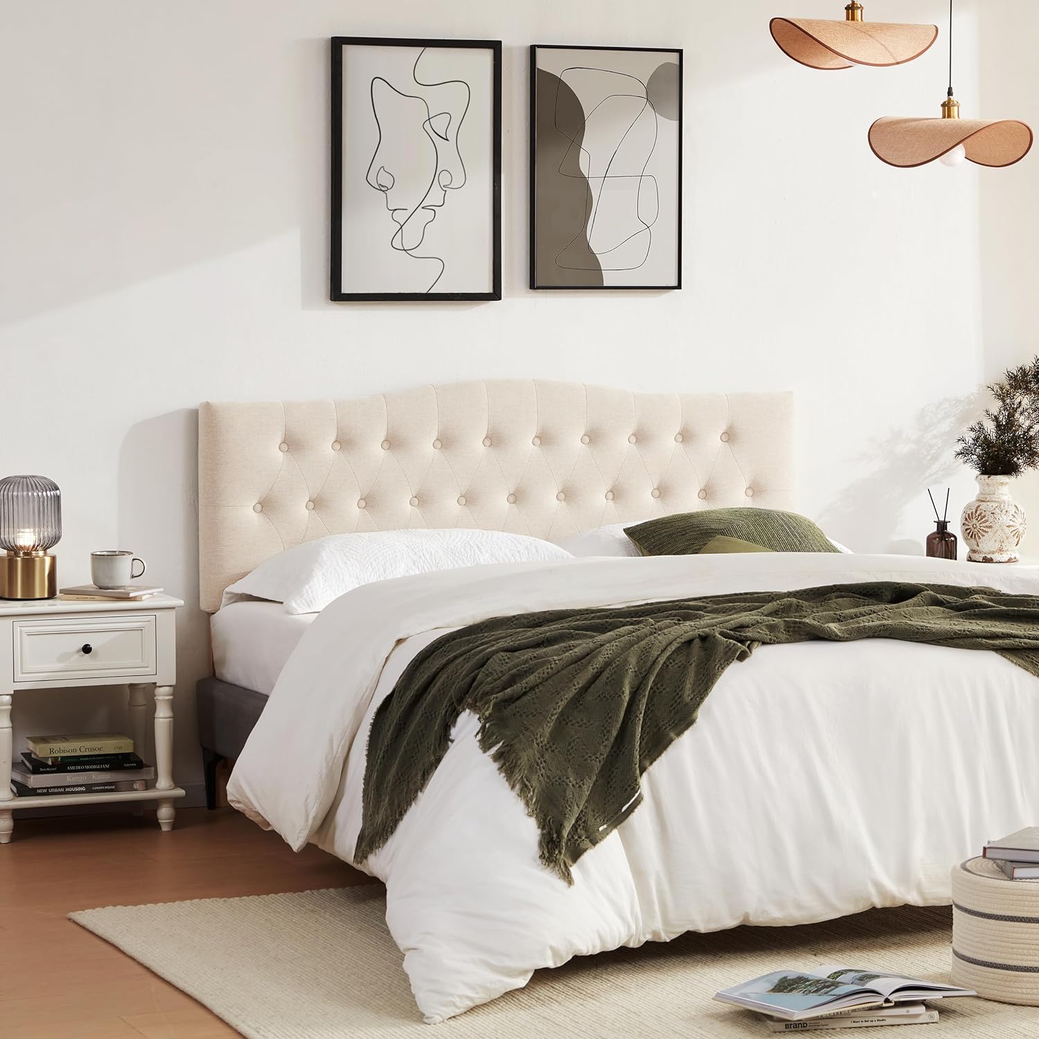 Huatean Home Tufted Upholstered Headboard California King, Sturdy and Durable Solid Wood Bed headboard, Fabric Headboard Adjustable Height from 37' to 51', Button Diamond Design Head Board, Beige