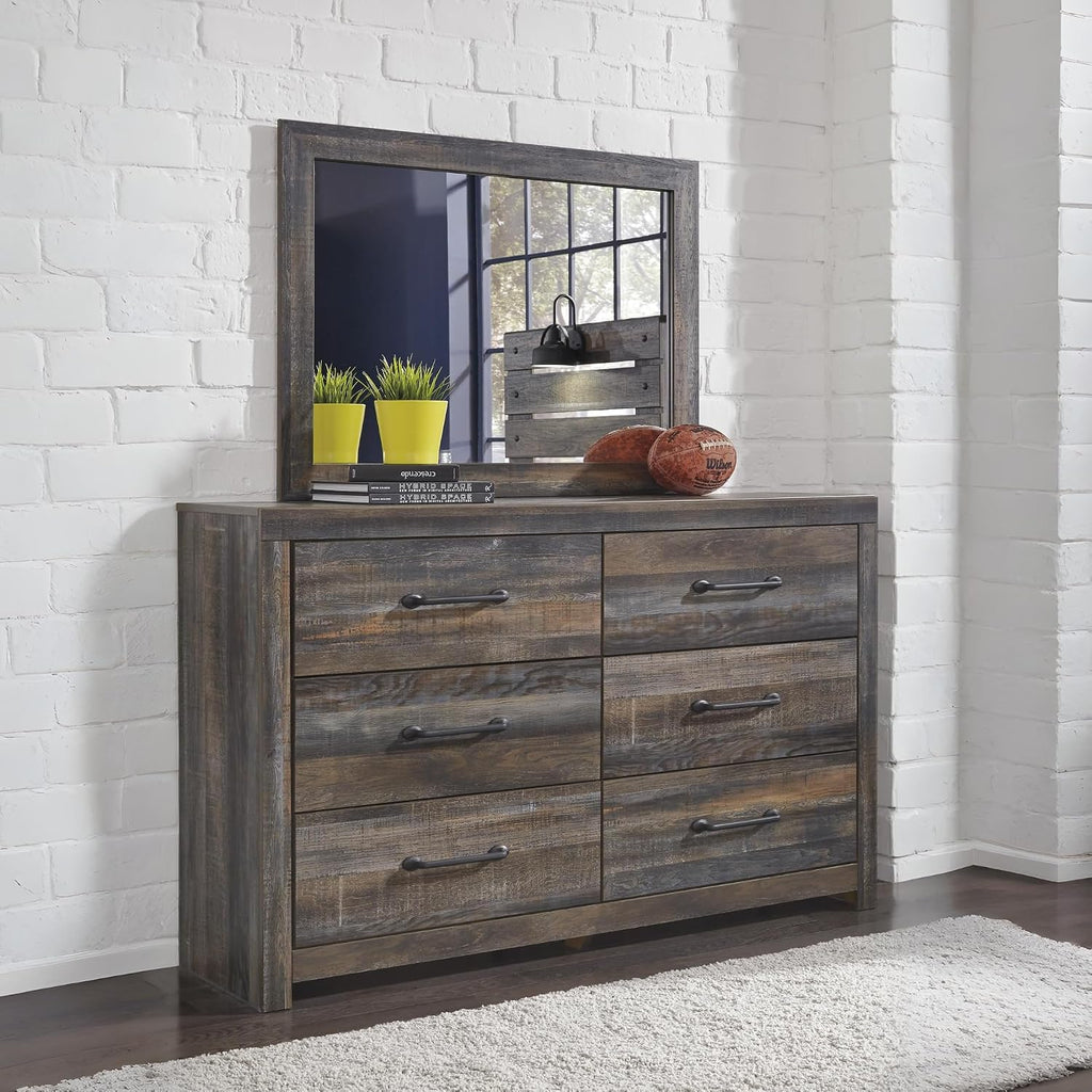Signature Design by Ashley Drystan Rustic Smooth-Gliding 6-Drawer Dresser and Mirror with Safety Stop, Gray & Dark Brown