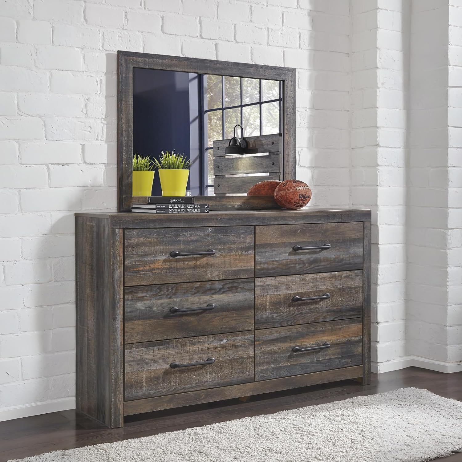 Signature Design by Ashley Drystan Rustic Smooth-Gliding 6-Drawer Dresser and Mirror with Safety Stop, Gray & Dark Brown
