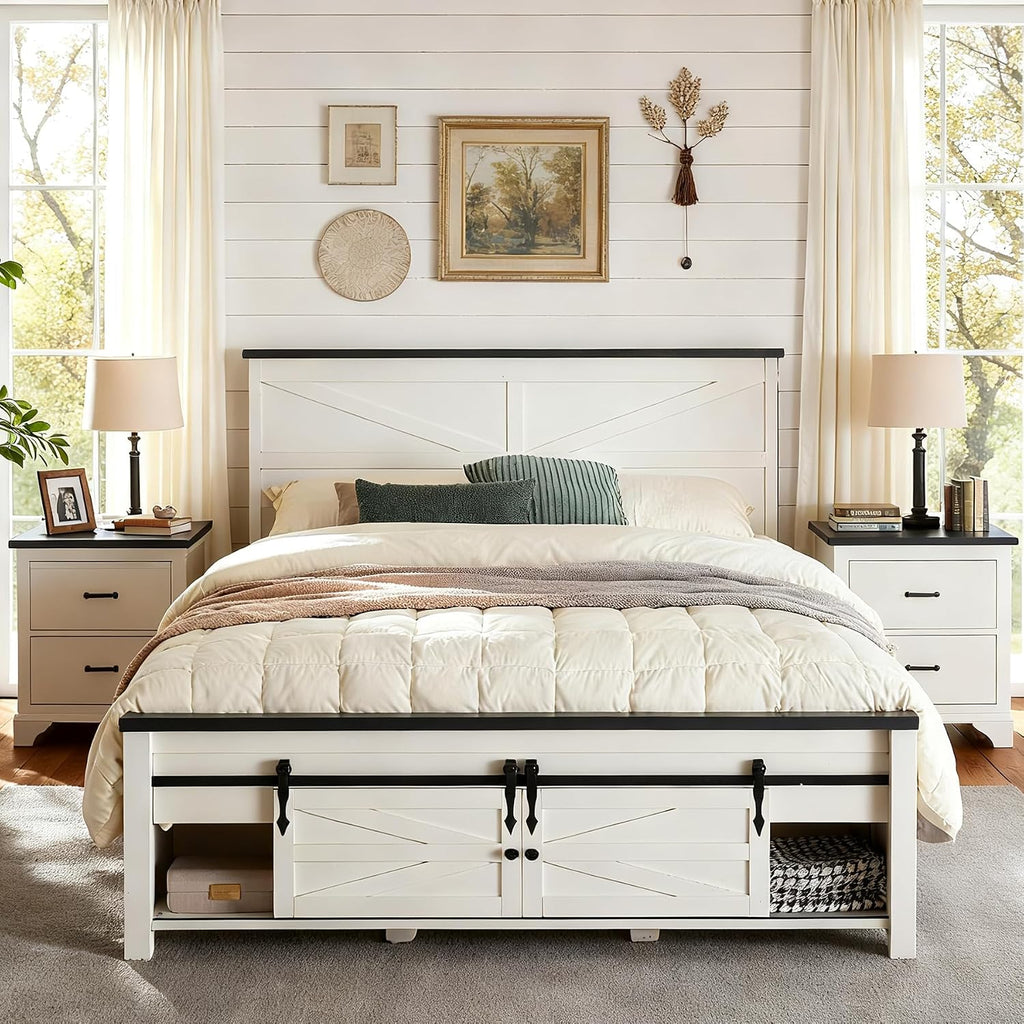 JXQTLINGMU Farmhouse Queen Size Bed Frame with 47' Tall Headboard, Wood Queen Bed Frame with Storage Cabinet, Solid Wood Slats Support, Noiseless, No Box Spring Needed (Antique White)