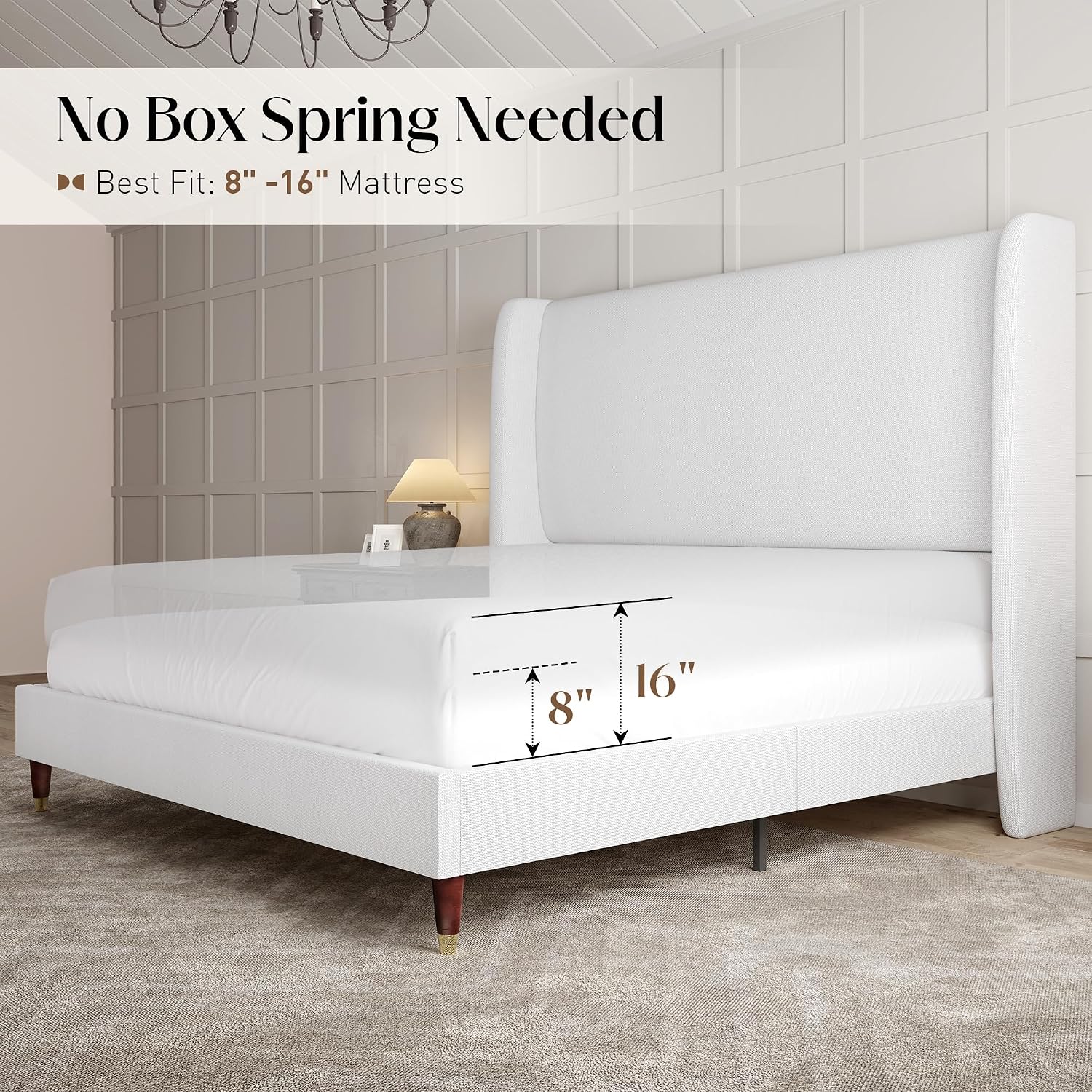 PaPaJet Full Size Bed Frame with 51.2' Wingback Headboard,Line Upholstered Platform Bed,Solid Wood Legs,No Box Spring Needed,Noise-Free&Easy Assembly,for Teen Girls, Dorm, Small Bedroom,White