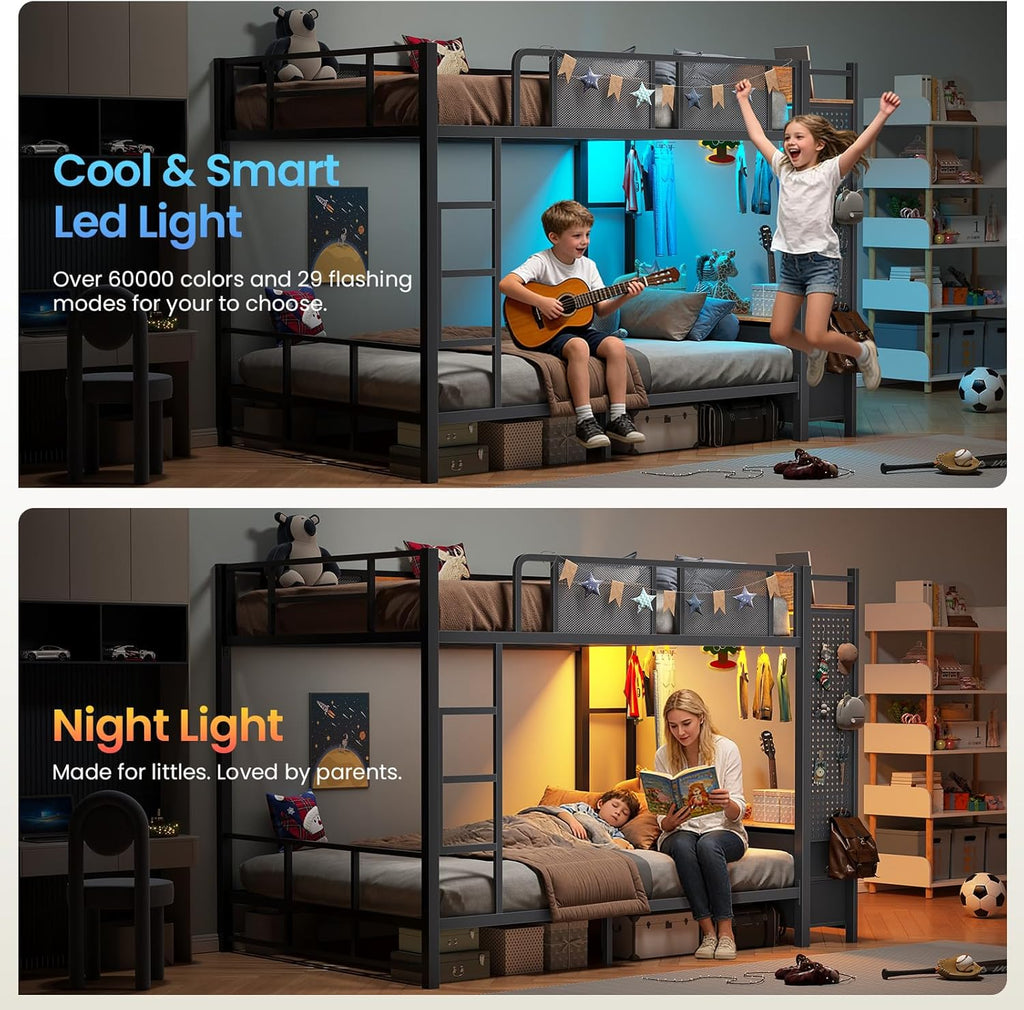 Itaar Metal Bunk Bed Full Over Full with Hall Tree, Power Outlet, LED Bunk Bed with 6 Storage Drawers, Bed with 13'' Safety Guardrail & Ladders for Kids and Teen, 400lb Weight Capacity, Rustic Brown