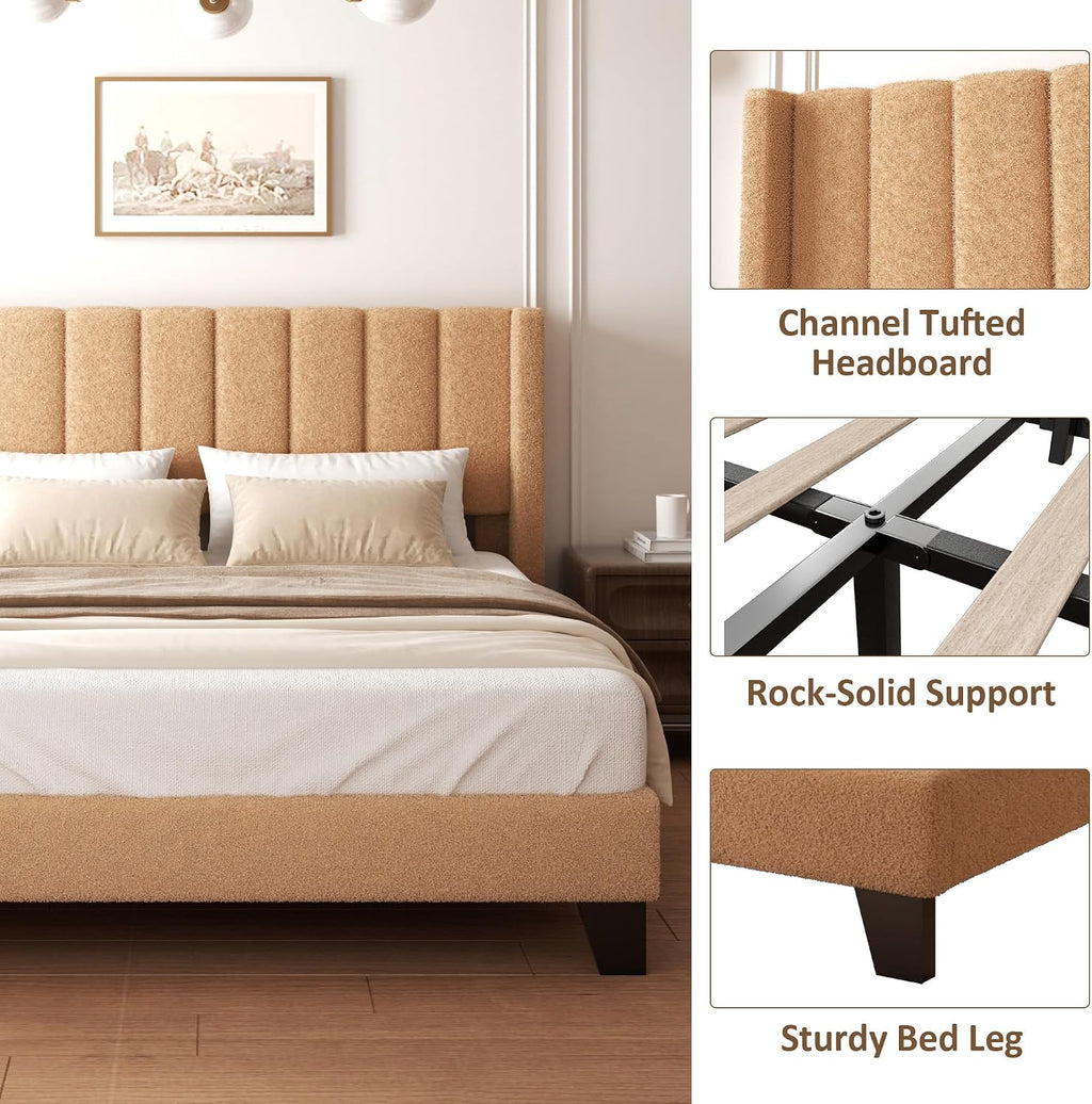 Kingg Size Bed Frame with Headboard Upholstered Platform Bed Frame with Teddy Velvet Headboard, Wooden Slats Support/Wing Edge Design/No Box Spring Needed/Easy Assembly, Brown