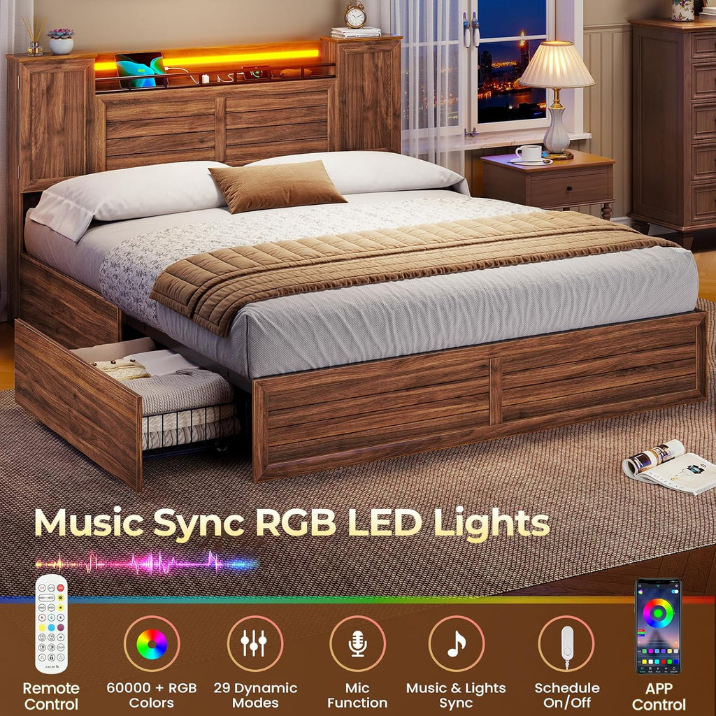 VIAGDO Farmhouse Full Size Bed Frame with Headboard and Double Barn Door Storage Cabinets, Rustic Wooden Bed Frame Full with Charging Station, 4 Drawers and LED Lights, No Box Spring Needed, Brown