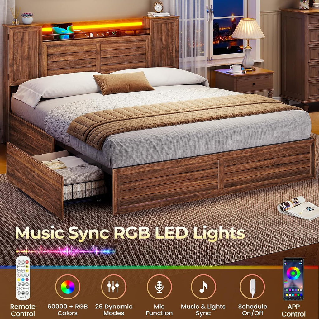 VIAGDO Farmhouse Queen Bed Frame with Headboard and Double Barn Door Storage Cabinets, Rustic Wooden Bed Frame Queen Size with Charging Station, 4 Drawers and LED Lights, No Box Spring Needed, Brown