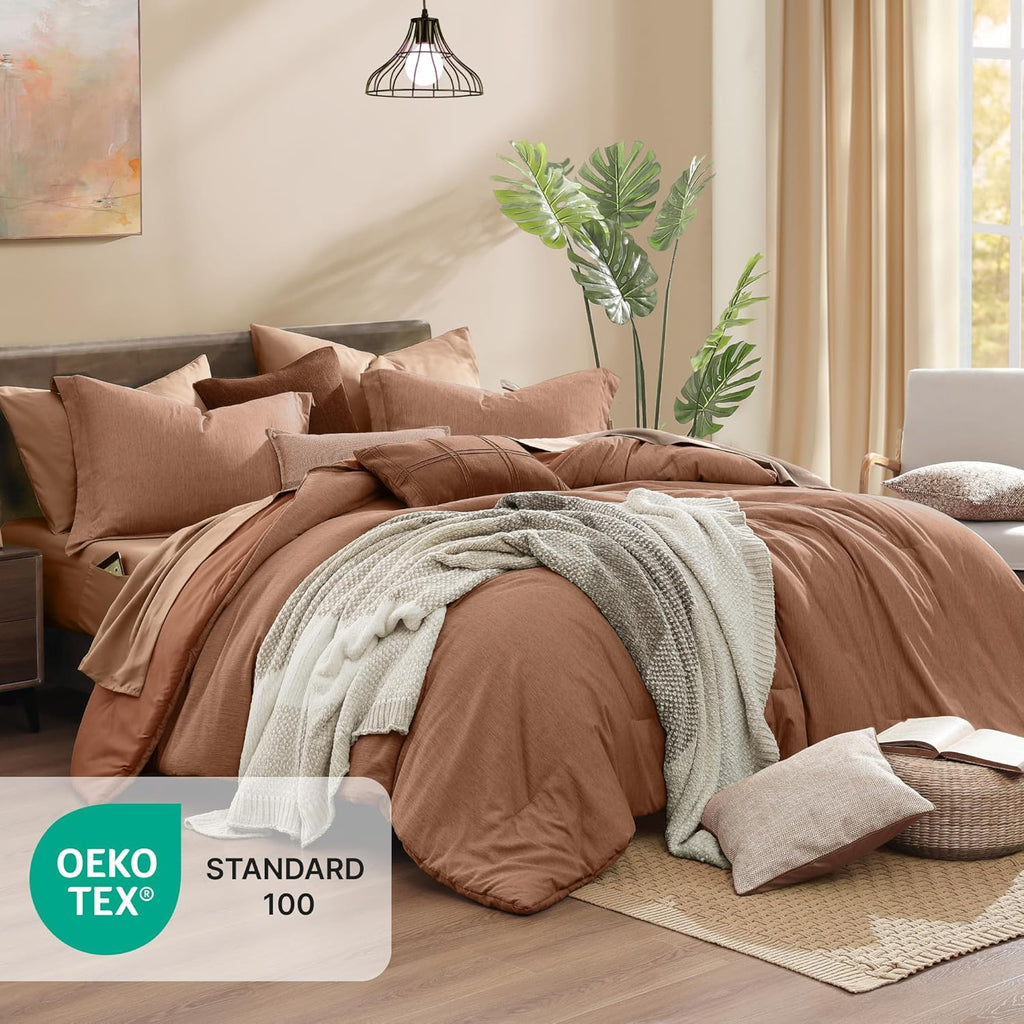 Monbix Super King Plus Comforter Set, Autumn Leaf Cationic Dyeing Bedding Set Reversible, Bed in a Bag 7 Pieces with Comforter, Sheets, Pillowcases & Shams