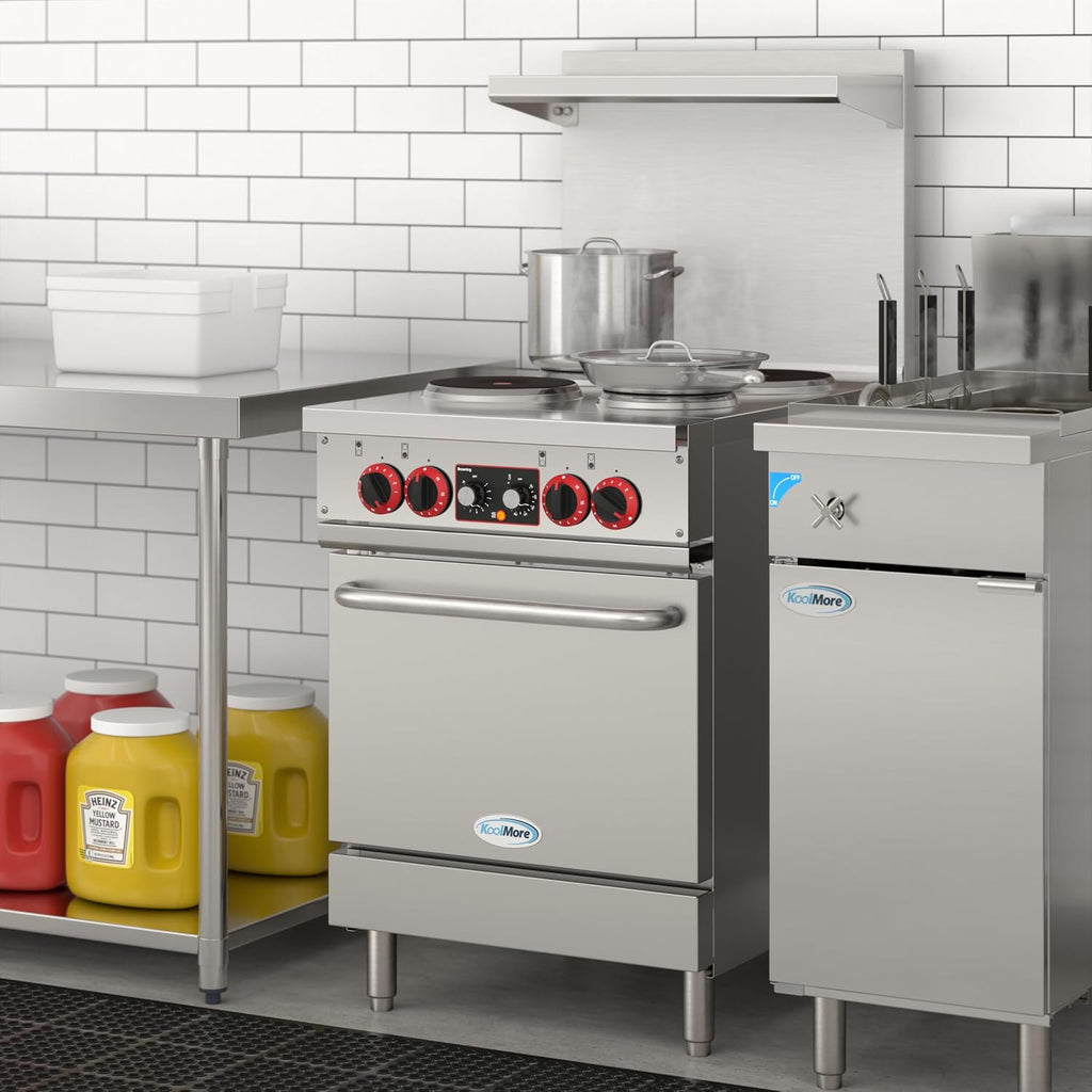 KoolMore 24 in. Commercial Electric Range with 4 Burners and 1 Standard Electric Oven in Stainless Steel - 208V 3-Phase, CSA Listed (KM-CR24-E)