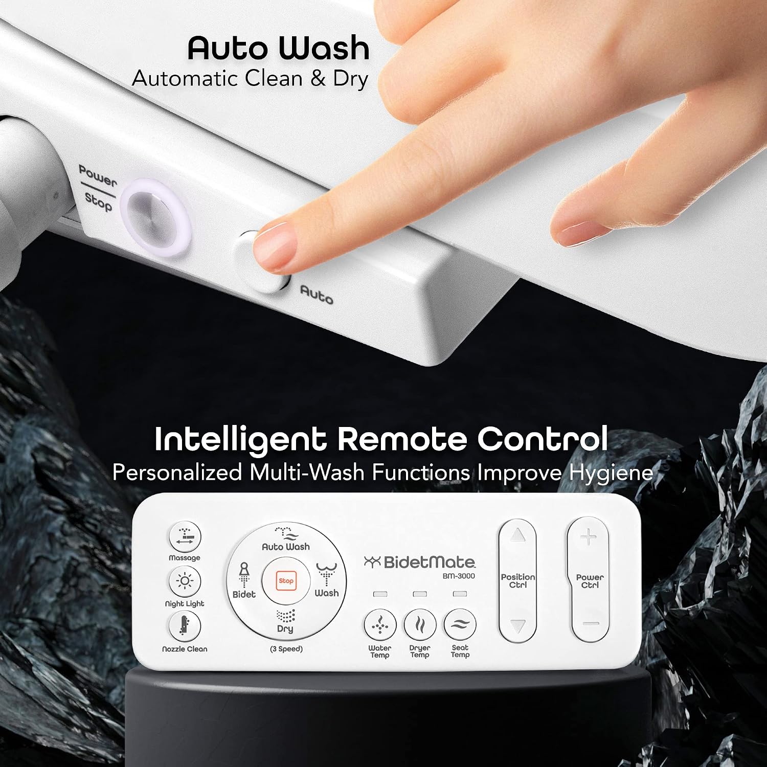BidetMate 3000 Series Electric Toilet Seat Bidet with Unlimited Heated Water, Remote, and Adjustable Warm Air Dryer - Adjustable and Self-Cleaning - Fits Elongated Toilets