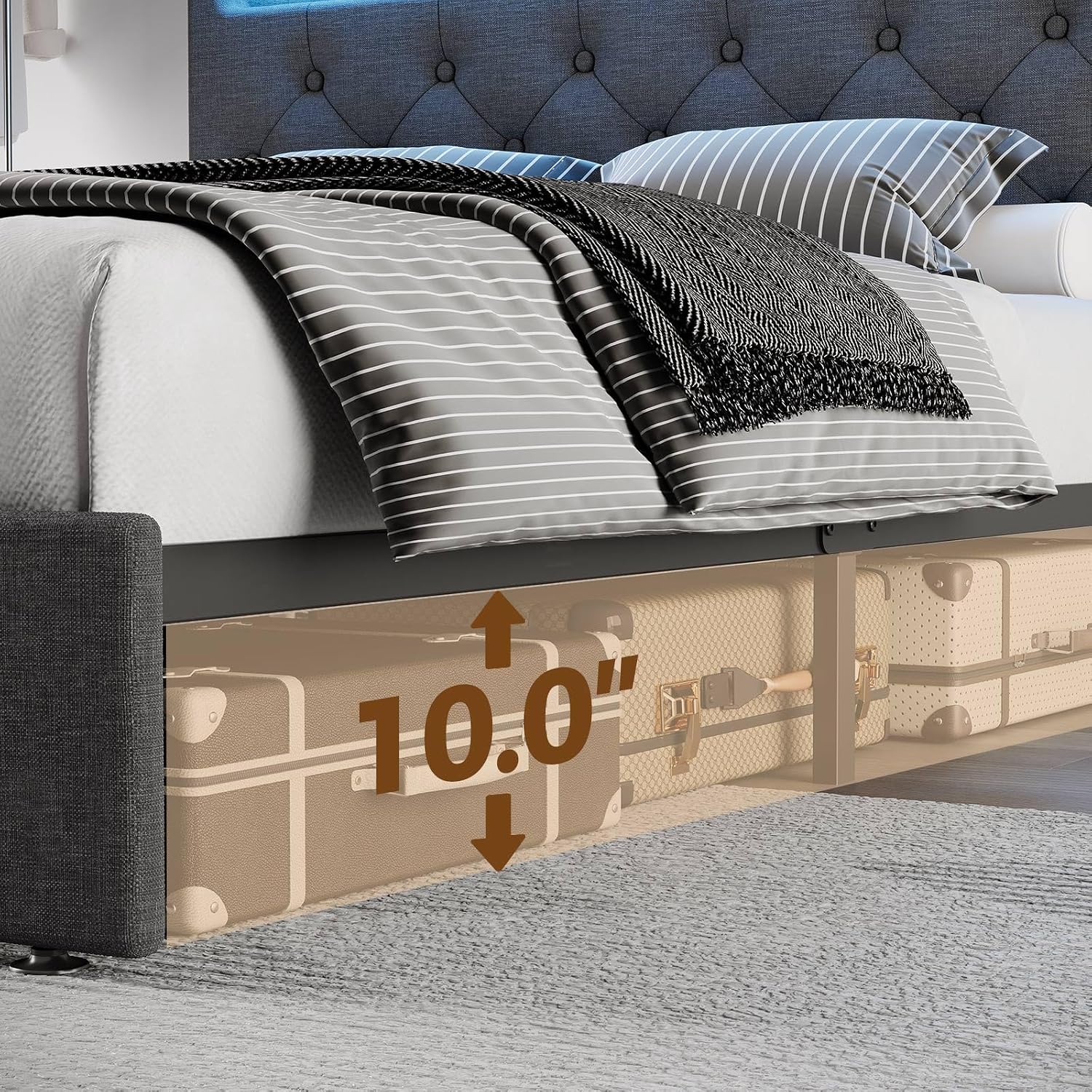 Rolanstar Queen Size Bed Frame with Charging Station, LED Bed with Under Bed Storage, Adjustable Headboard 38.9/40.8 Inches, No Box Spring Needed, Noise Free, Easy Assembly, Grey
